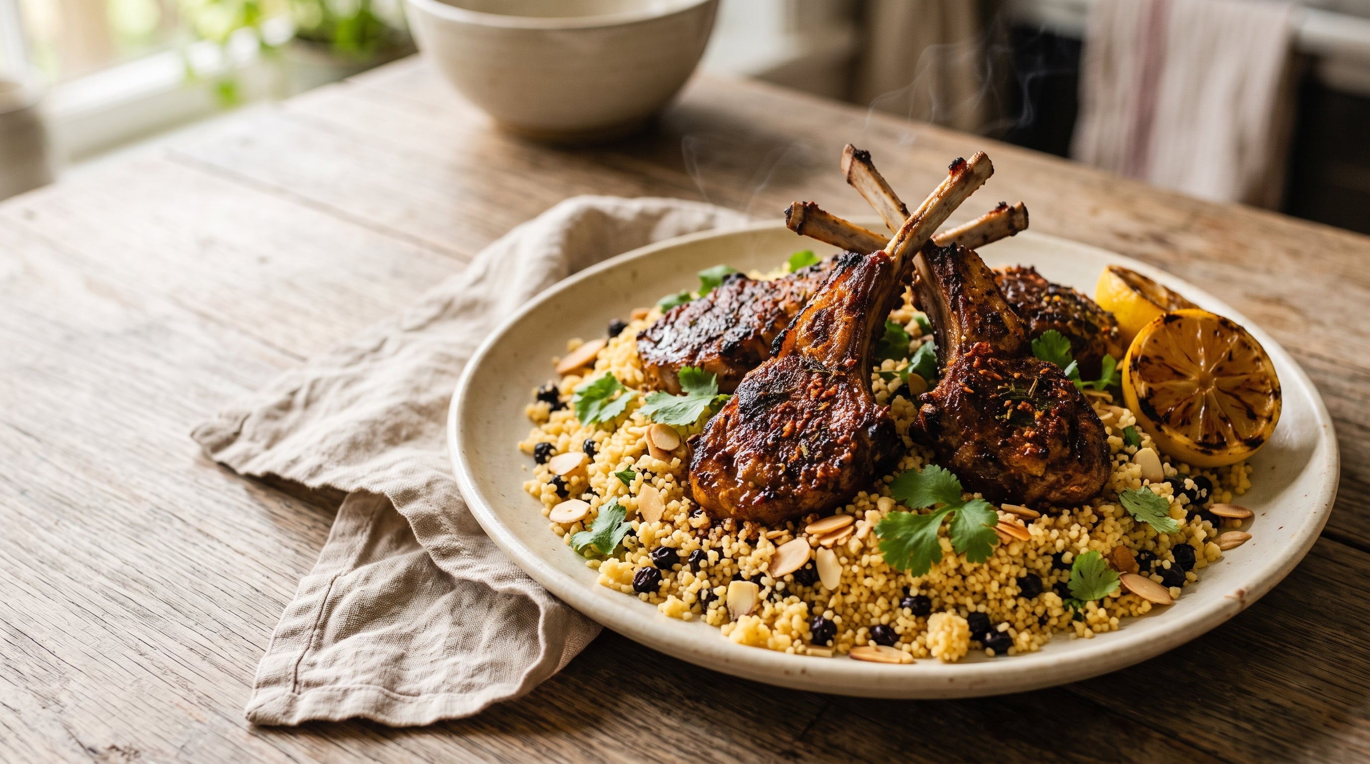 Moroccan-spiced barbecued grass-fed lamb cutlets on almond and currant couscous with lemon wedges.