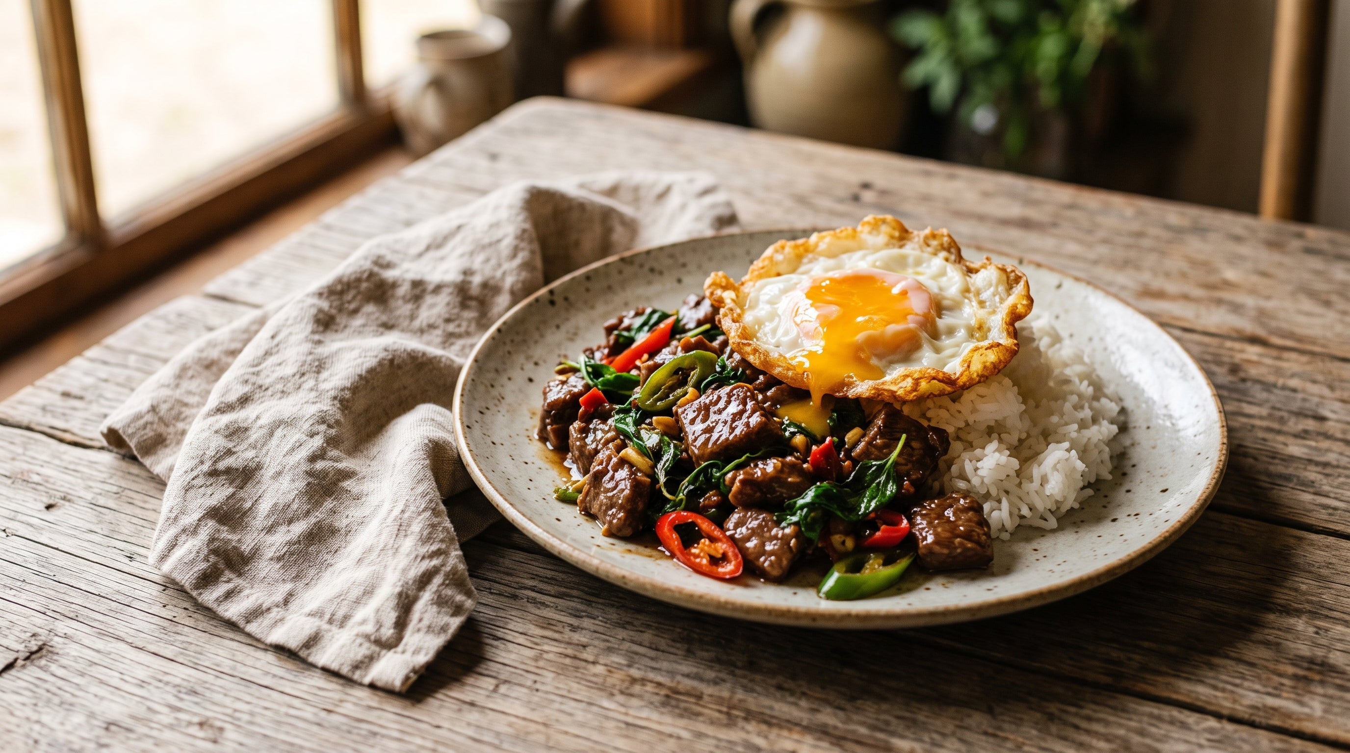 Pad kra pao with grass-fed beef, holy basil and a crispy fried egg