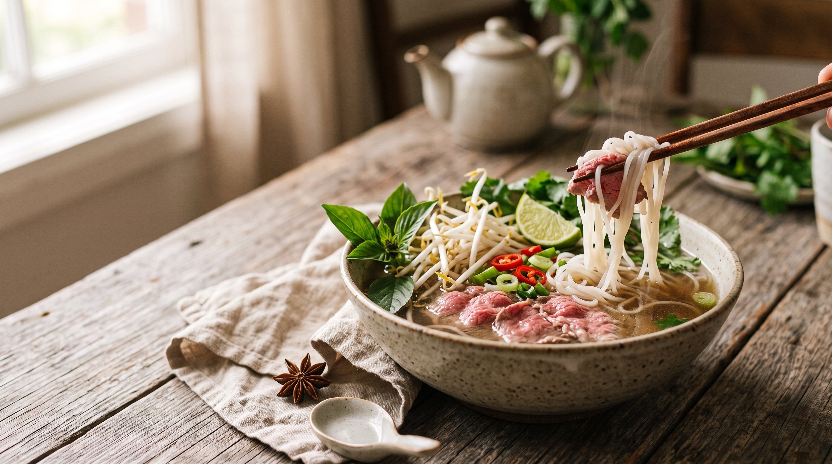 Vietnamese-style grass-fed beef pho with fresh herbs and lime