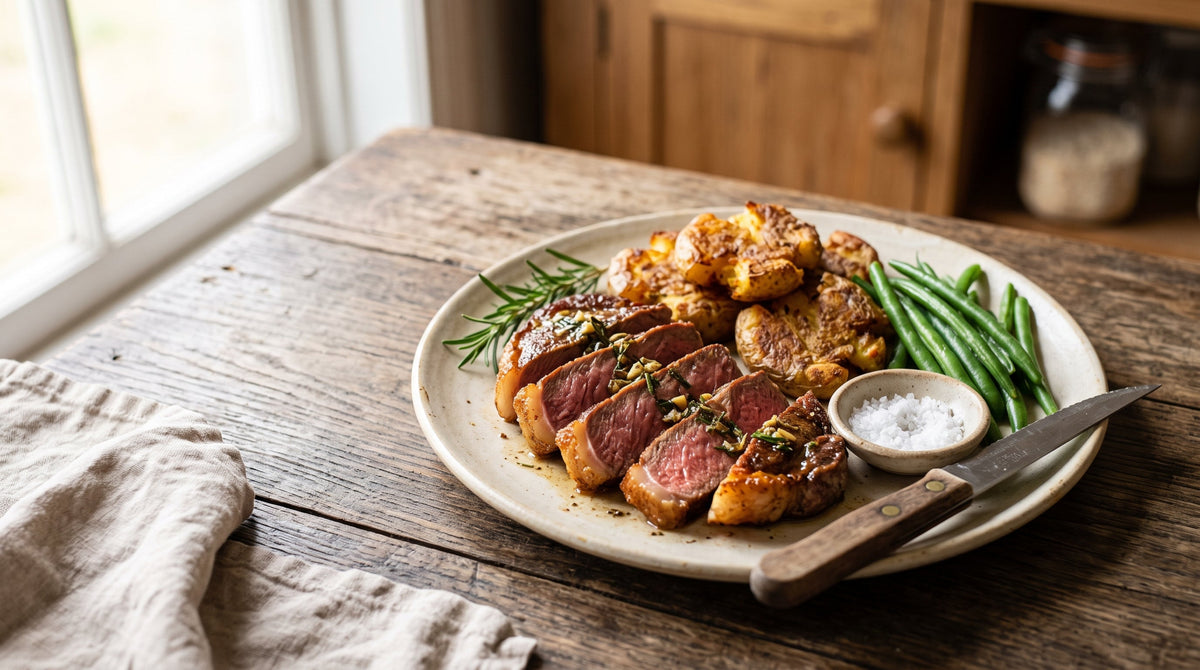 Sliced grass-fed sirloin porterhouse steak with crispy smashed potatoes, green beans and rosemary garlic butter.