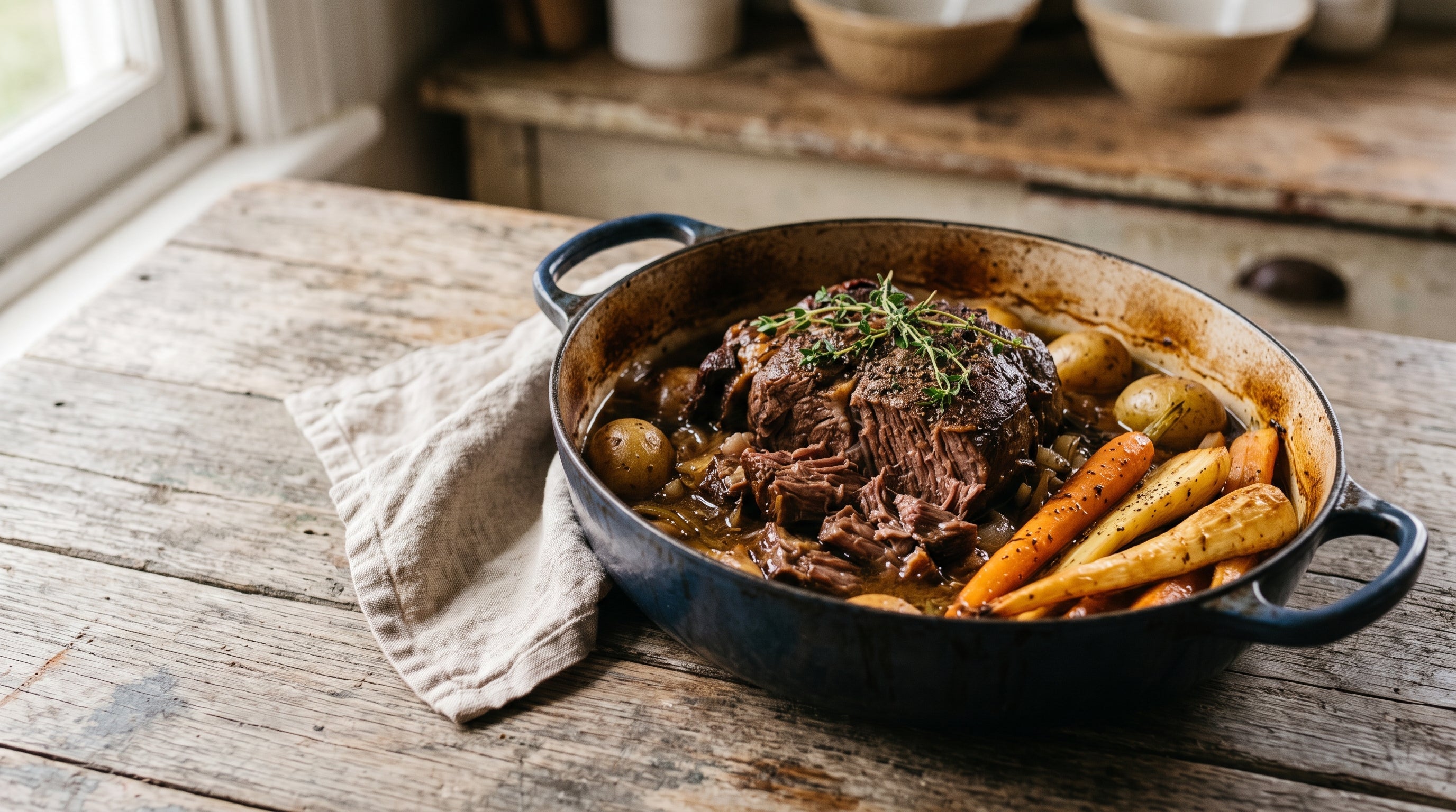 Slow-cooker grass-fed round pot roast with root vegetables