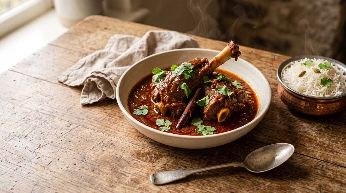 Rogan josh grass-fed lamb shanks in a deep red spiced sauce served with basmati rice and coriander.