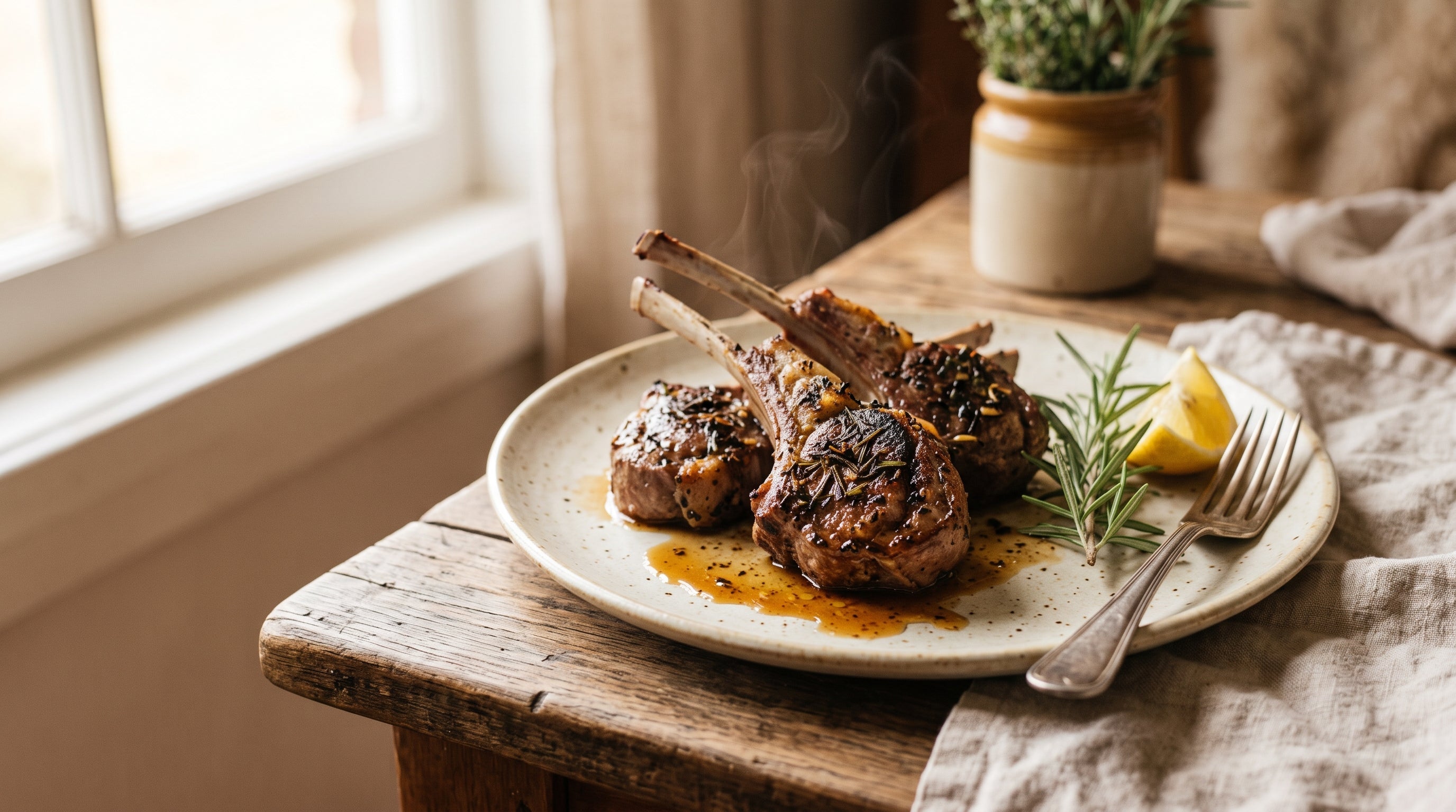 Pan-fried rosemary and garlic grass-fed lamb cutlets with golden fat and pan juices on a stoneware plate.