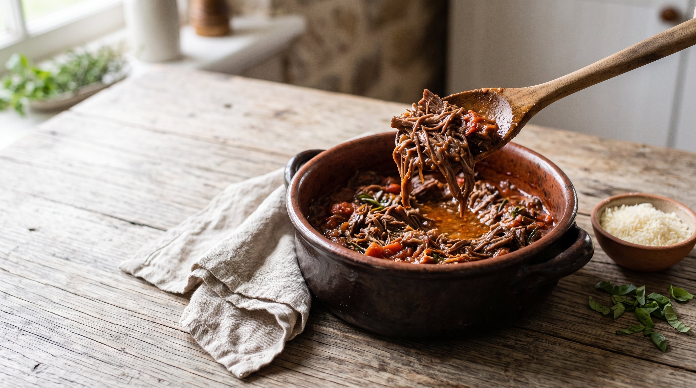 Slow-cooker braised grass-fed round beef in rich tomato sugo