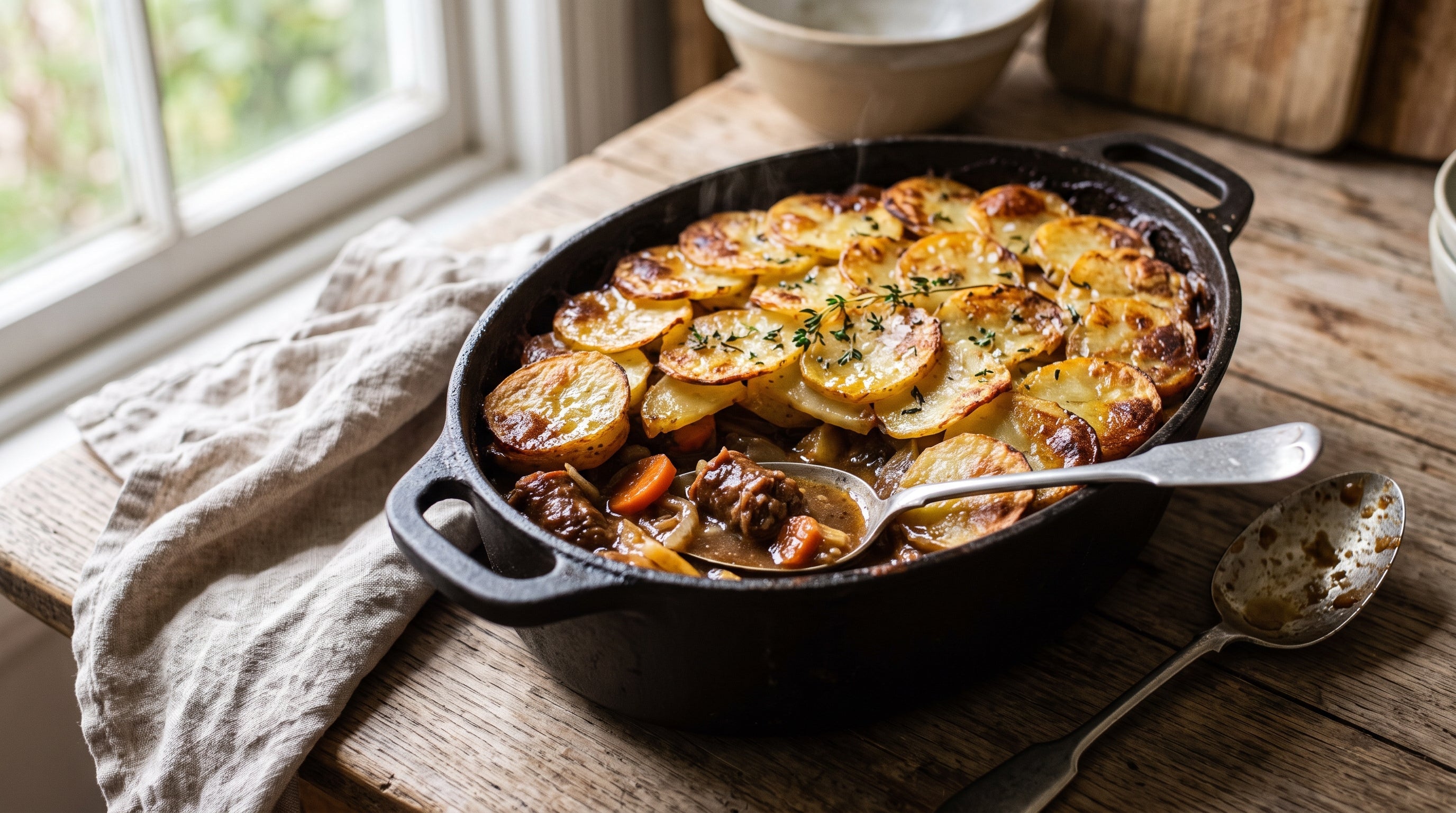 Beef sausage and potato hotpot in a cast-iron casserole with a golden layer of overlapping potato slices over rich gravy.