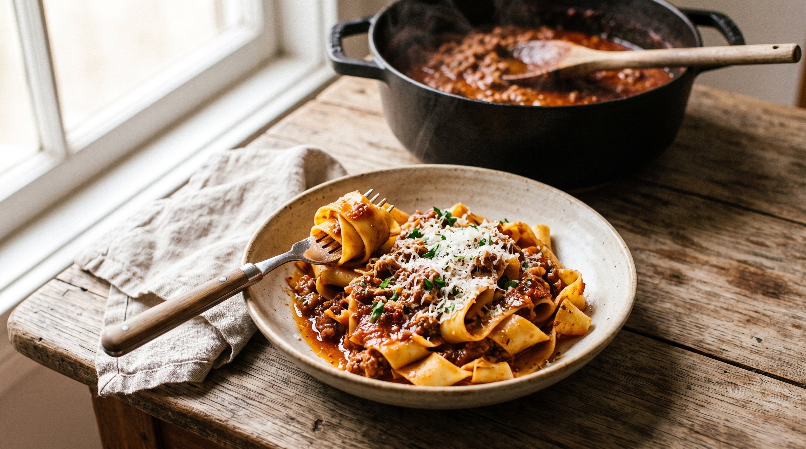 Pappardelle with slow-cooked crumbled beef sausage ragu, topped with grated parmesan.