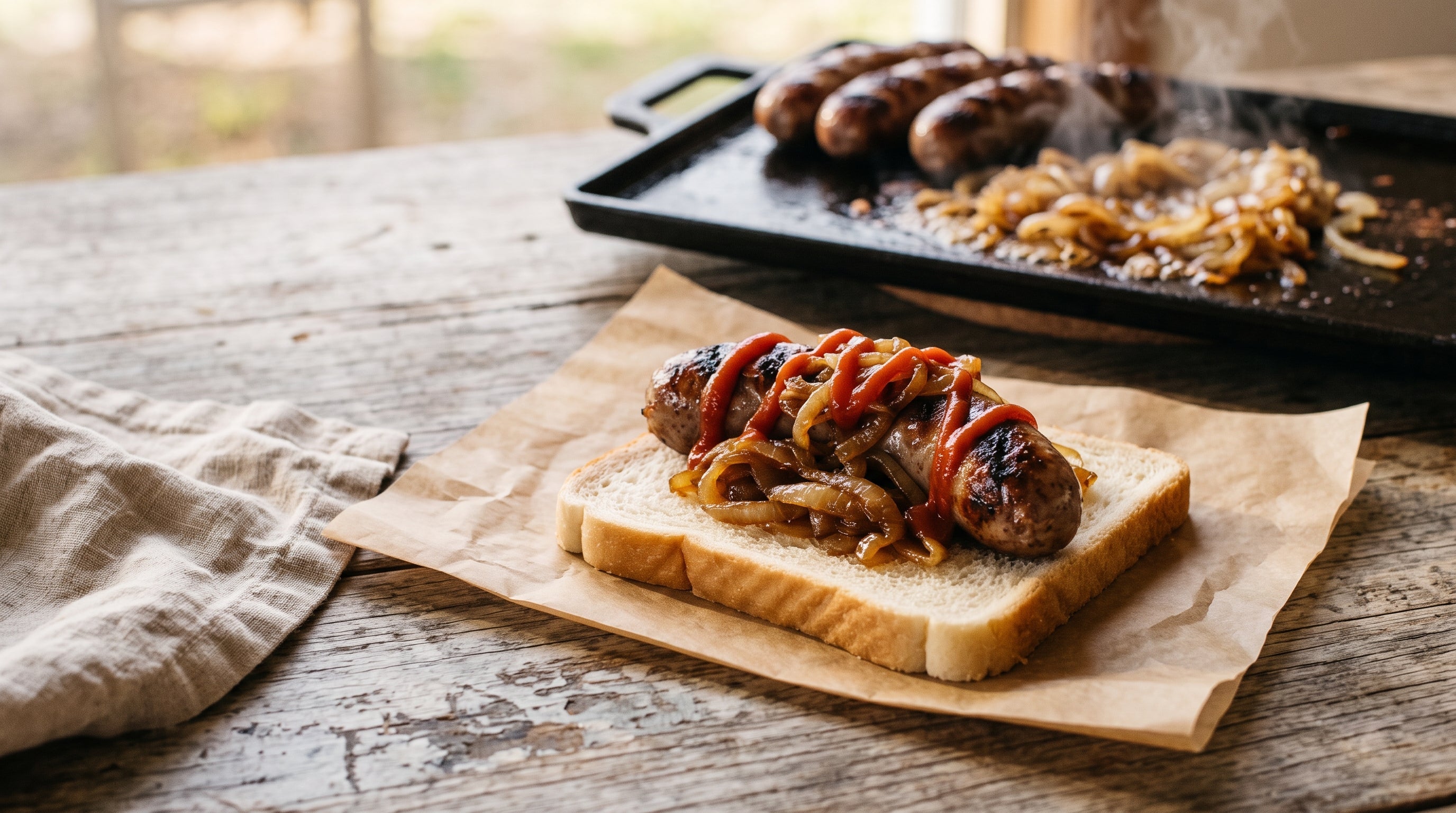 Barbecued grass-fed beef sausage in white bread with golden caramelised onions and tomato sauce, classic sausage sizzle style.