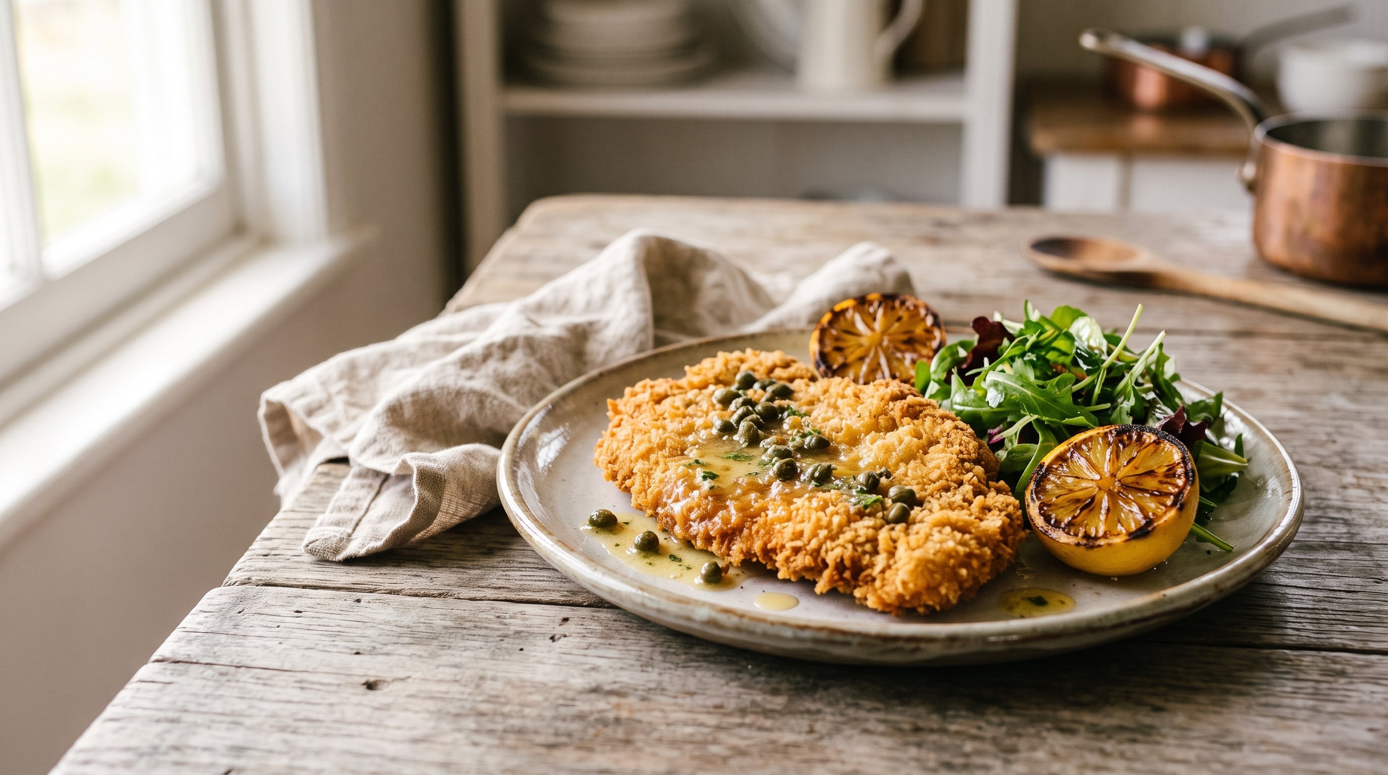 Golden grass-fed topside schnitzel with lemon and caper butter