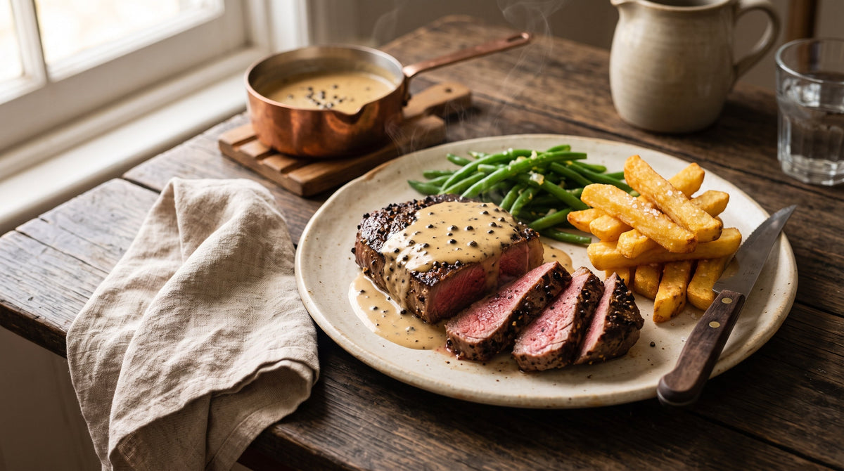 Scotch fillet au poivre with a cracked pepper crust and brandy cream sauce, sliced and served with chips.