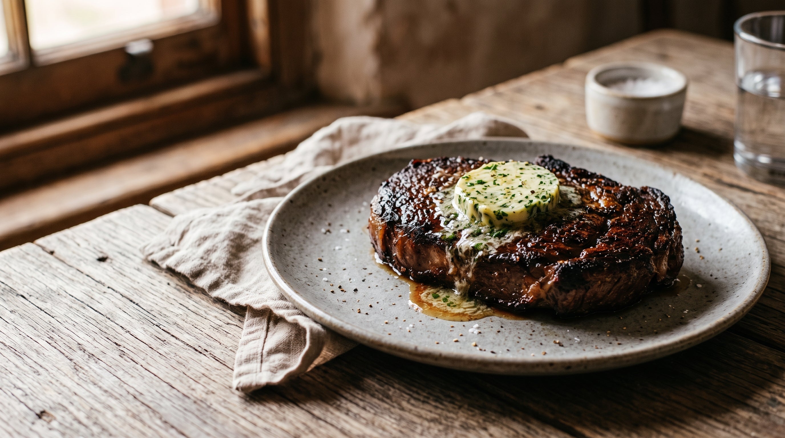 Seared grass-fed scotch fillet with melting herb compound butter