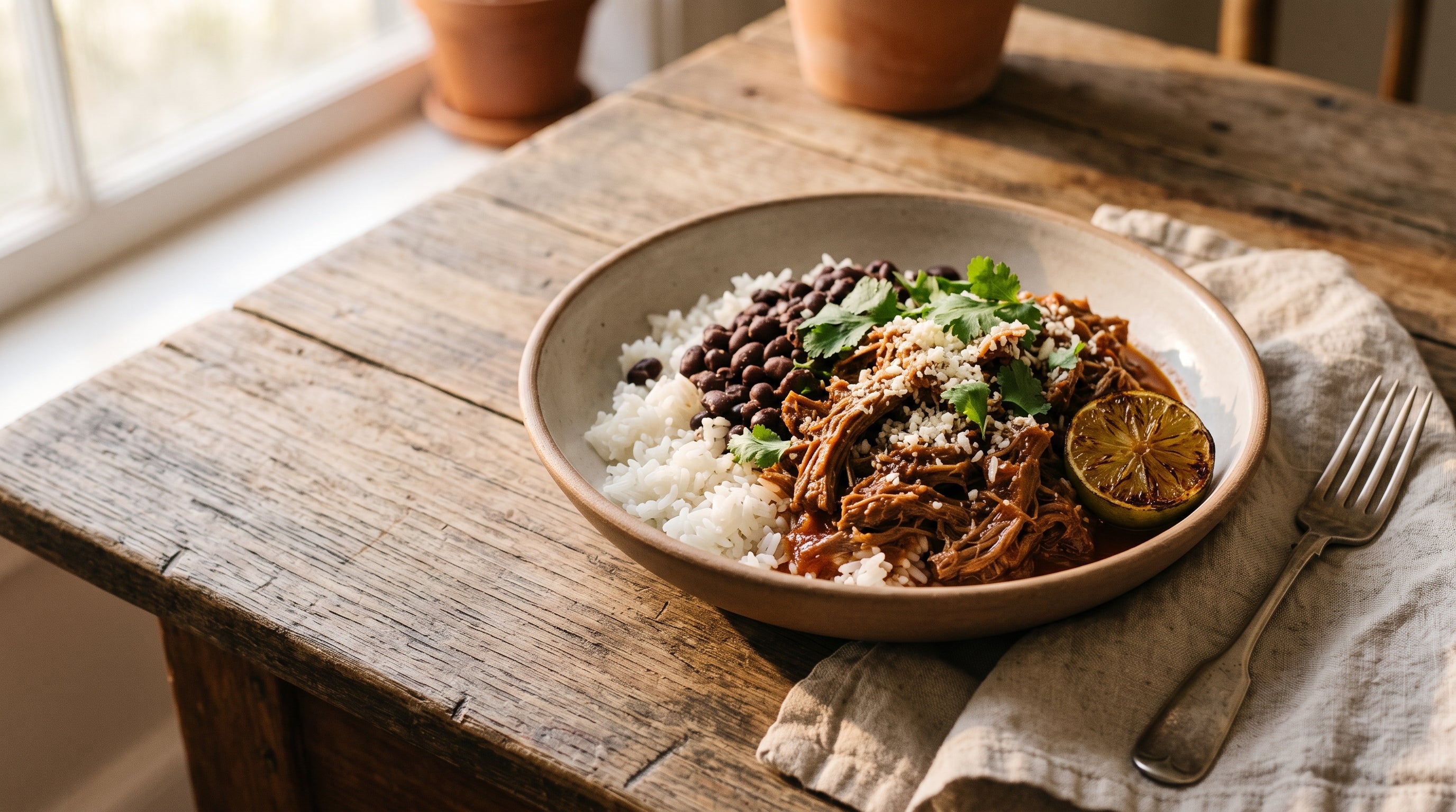 A burrito bowl of slow cooker shredded beef made from grass-fed diced beef, served over rice and black beans with cheese, coriander and lime.