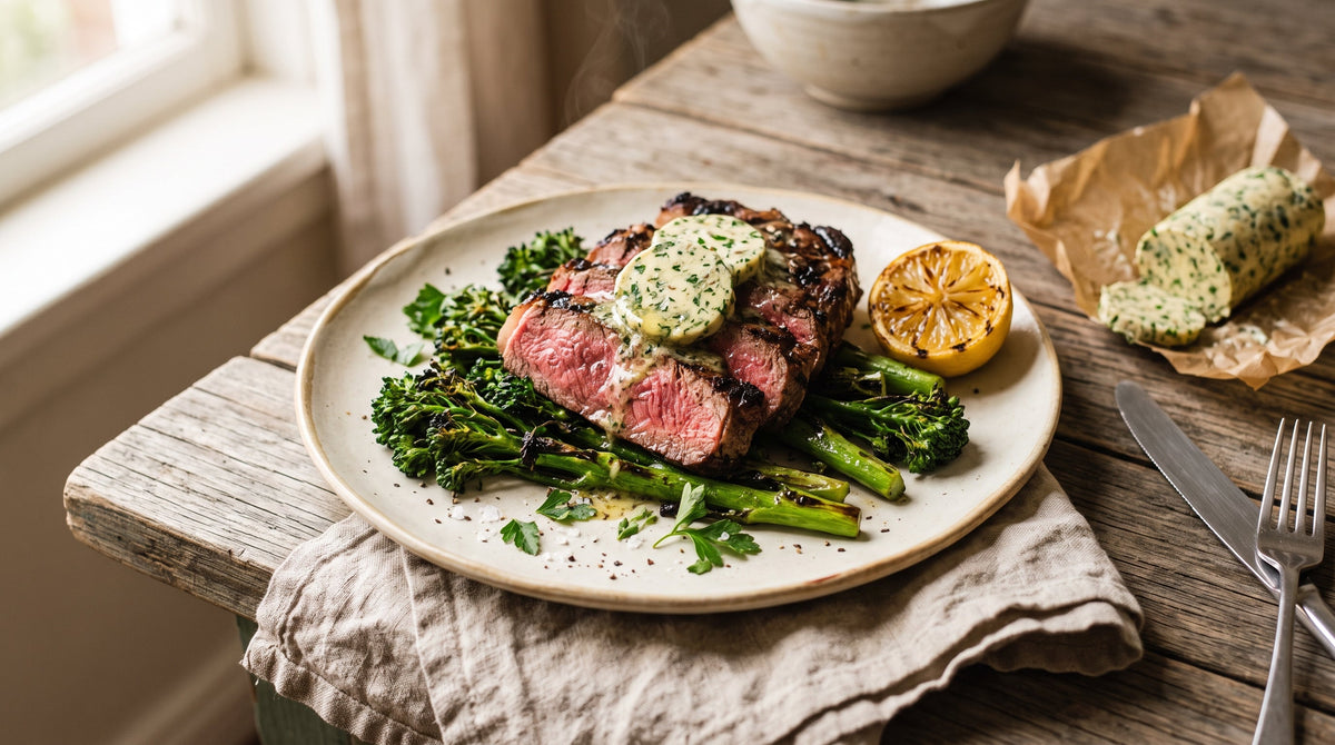 Grilled grass-fed sirloin steak sliced over charred broccolini with melting discs of anchovy butter.
