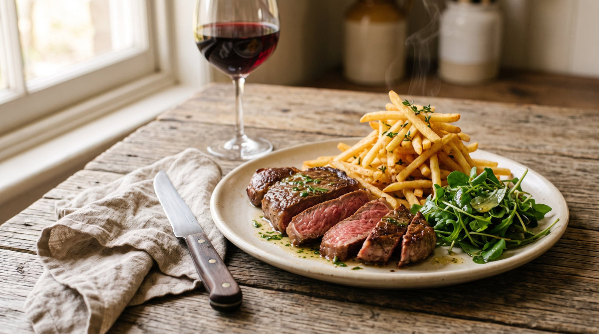 Sirloin steak frites with a rosy sliced grass-fed steak, golden thin chips and parsley butter, bistro style.