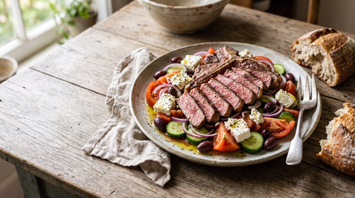 Sliced grass-fed T-bone steak fanned over a Greek-style tomato, red onion and oregano salad with feta and olives.