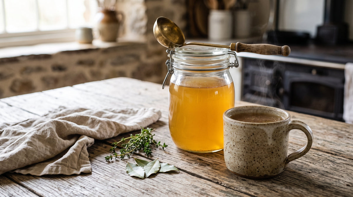 A steaming mug and jar of golden slow cooker lamb bone broth made from grass-fed lamb bones.