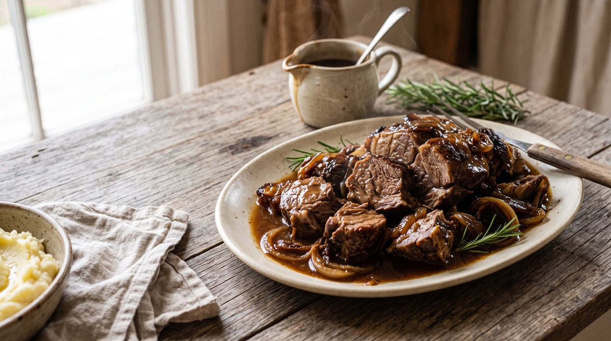 Pull-apart slow cooker grass-fed lamb roast in rich gravy with caramelised onions on a stoneware platter.