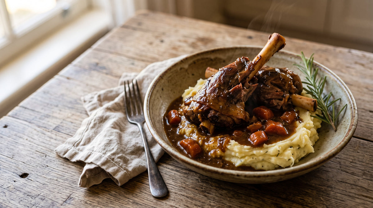 Slow cooker grass-fed lamb shanks served over mashed potato with rich gravy and carrots.