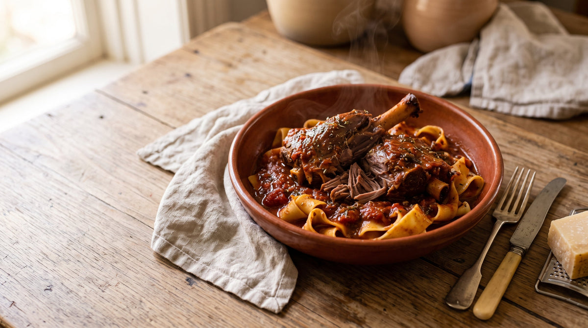 Slow cooker tomato and herb grass-fed lamb shanks served over pappardelle in a rich sugo.