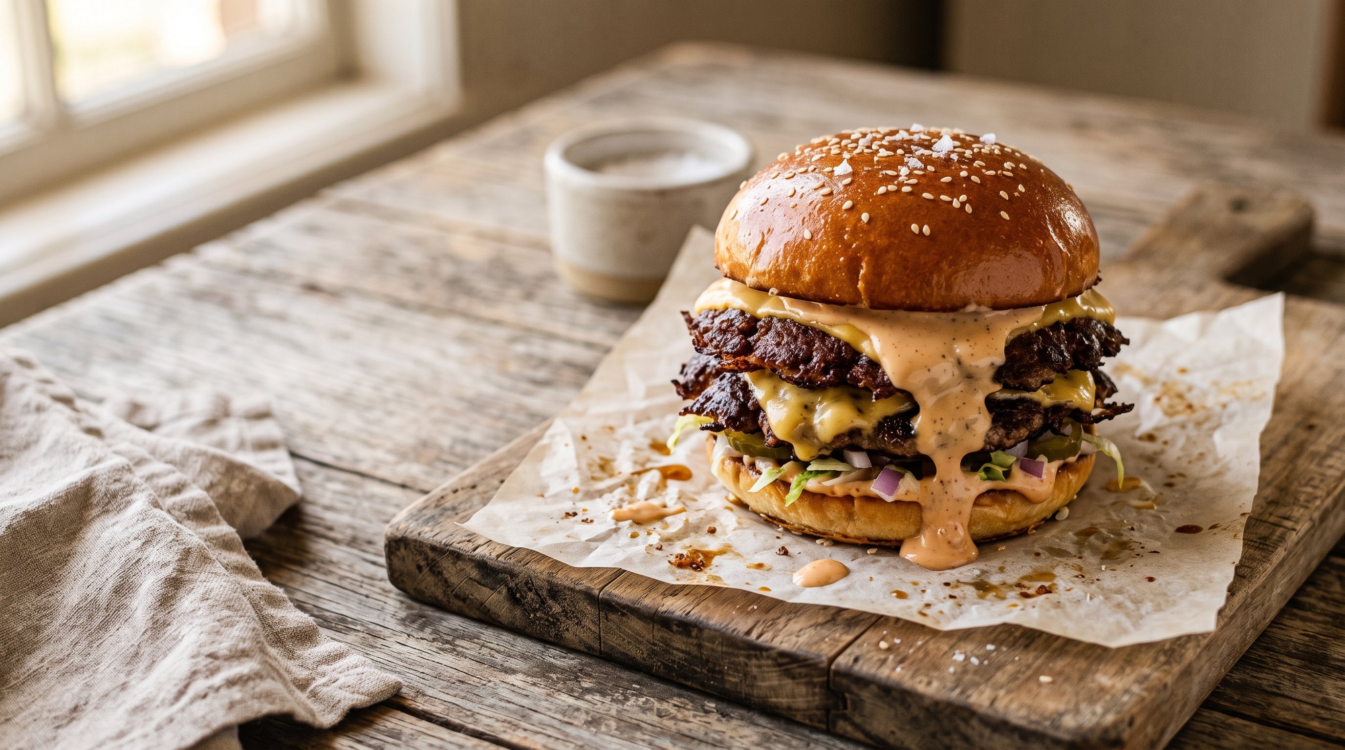 Double grass-fed beef smash burger with crispy edges and melted cheese