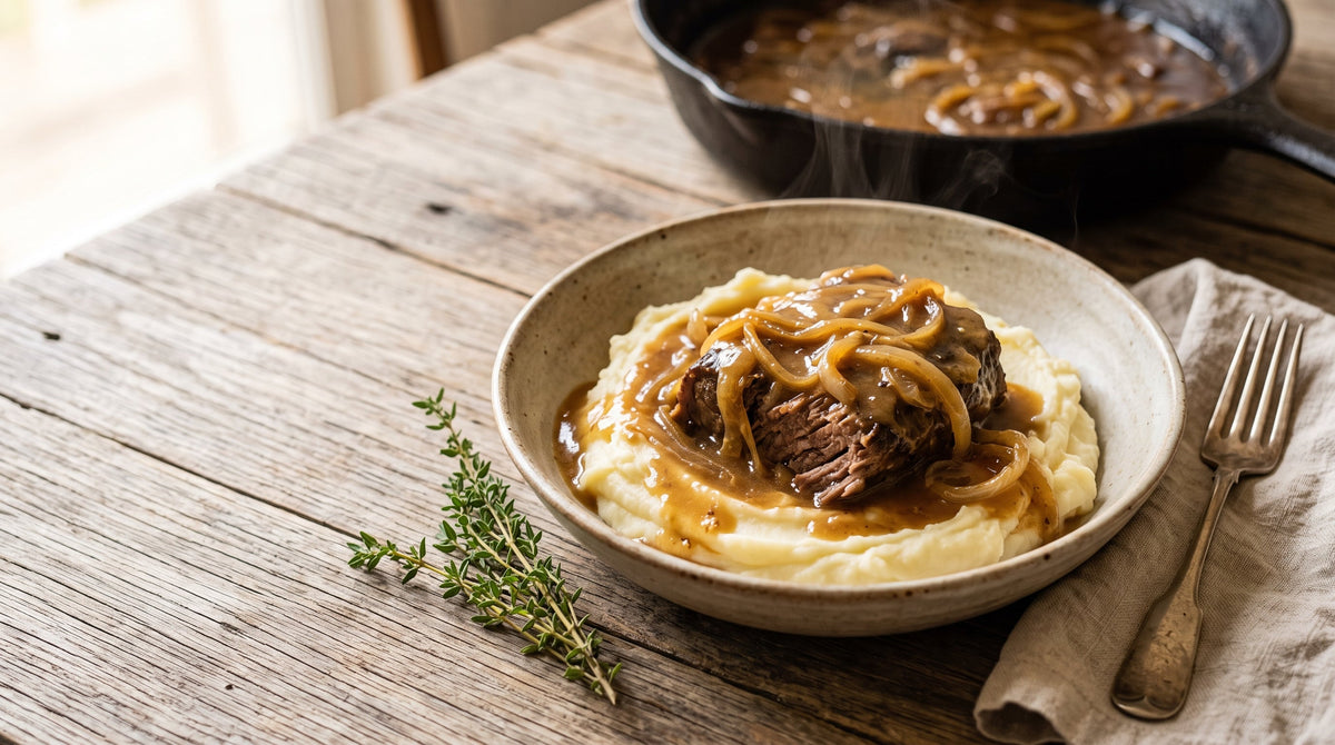 Smothered grass-fed BBQ steak braised in onion gravy, served over creamy mashed potato.