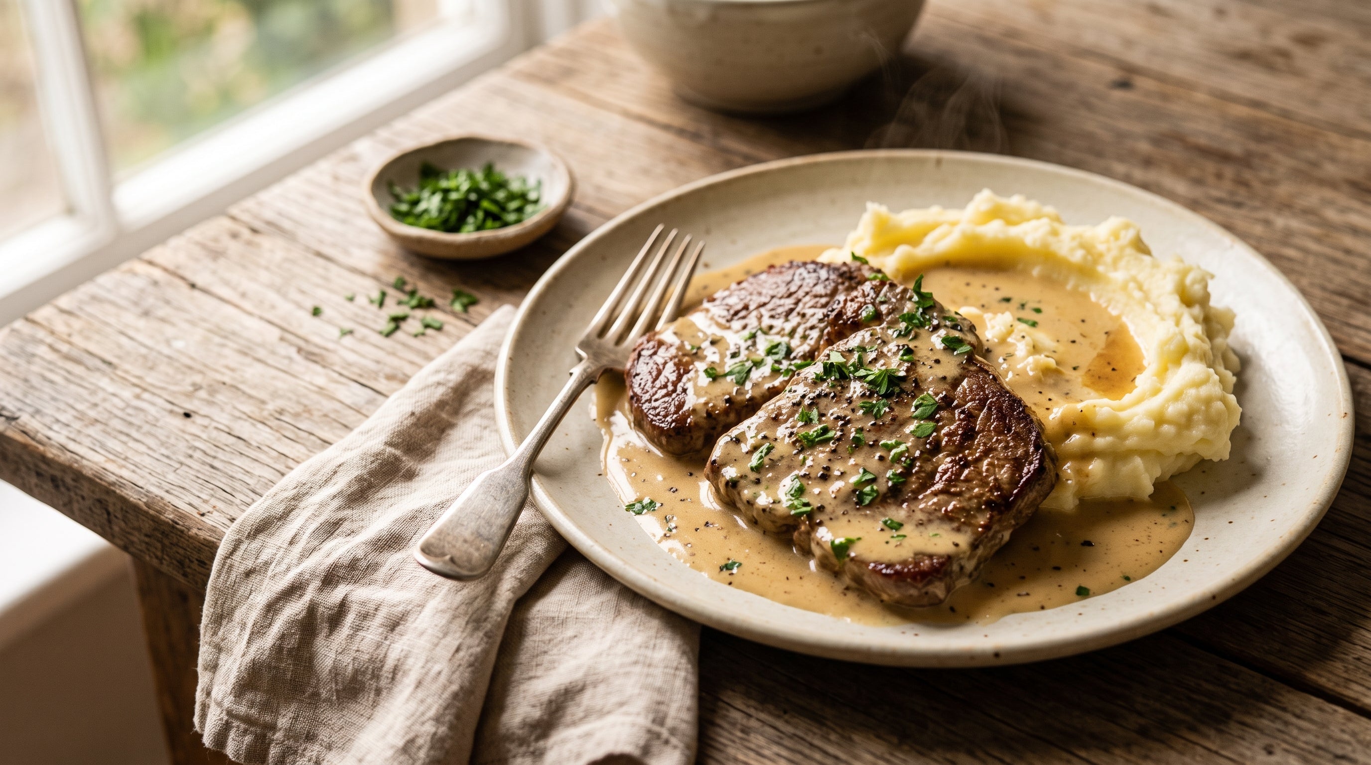 Steak Diane made with grass-fed topside minute steaks in a creamy brandy and mustard pan sauce, served with mashed potato and parsley.