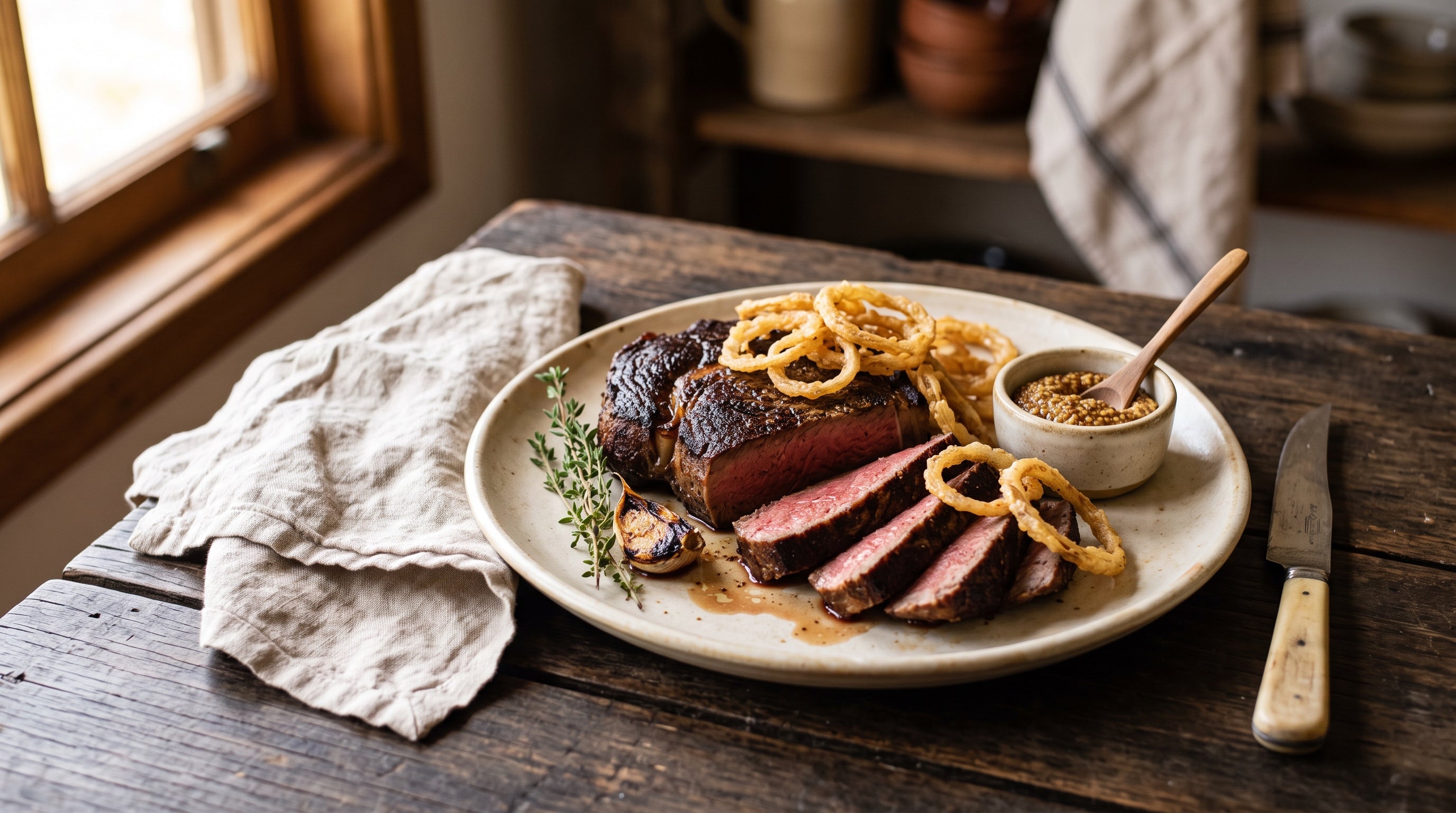 Dry-brined grass-fed scotch fillet steak with a deep crust, sliced and served under a pile of crisp homemade onion rings.