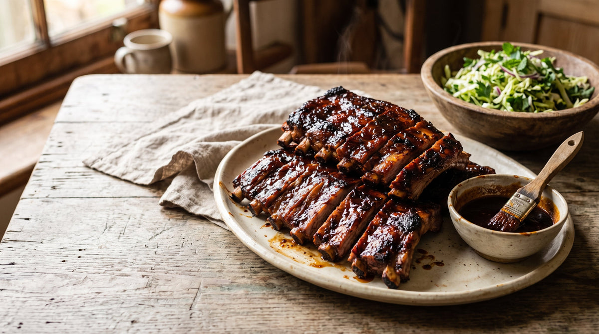 Sticky oven-baked grass-fed lamb ribs with barbecue glaze, sliced and piled on a stoneware platter.