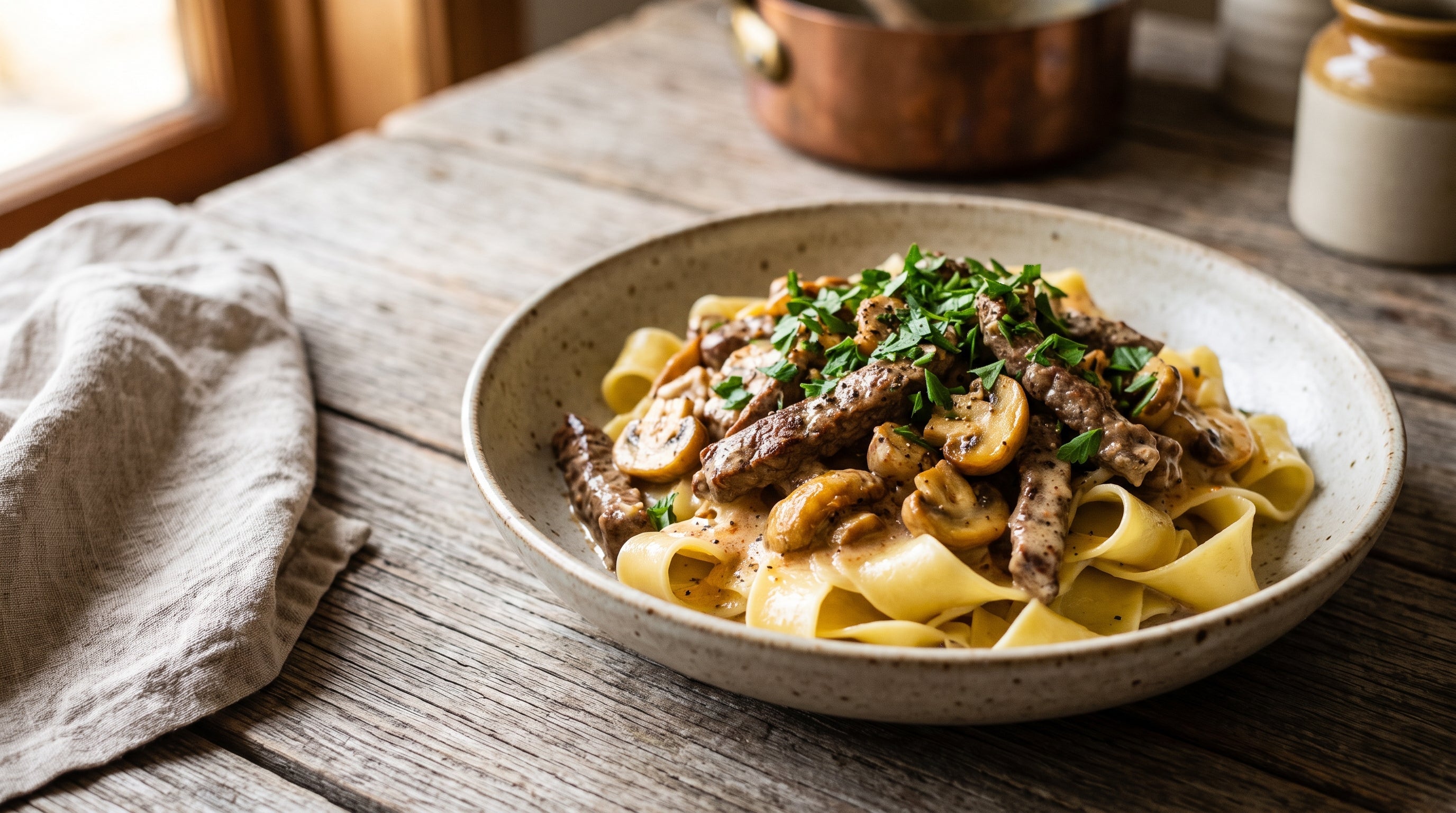 Creamy grass-fed beef stroganoff with mushrooms over pappardelle