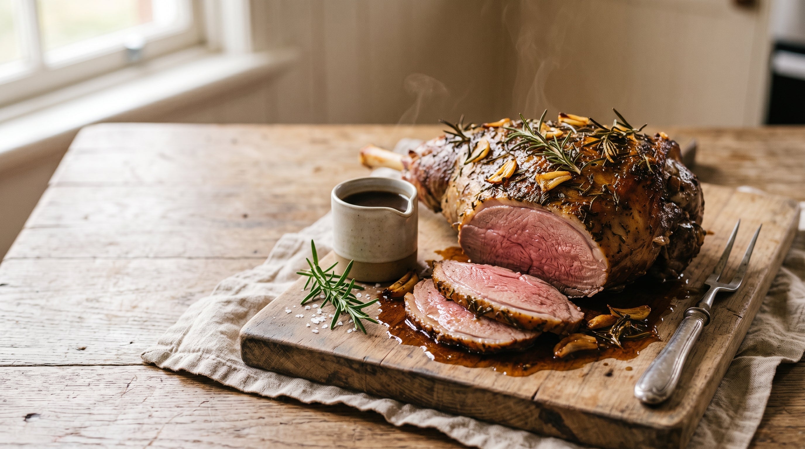 Classic Sunday grass-fed lamb roast studded with rosemary and garlic, carved into pink slices on a timber board.