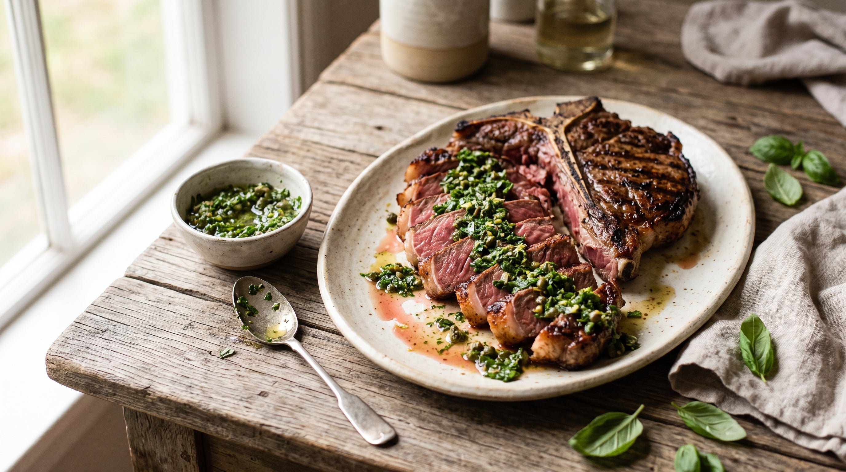 Barbecued grass-fed T-bone steak sliced and dressed with rough-chopped Italian salsa verde.