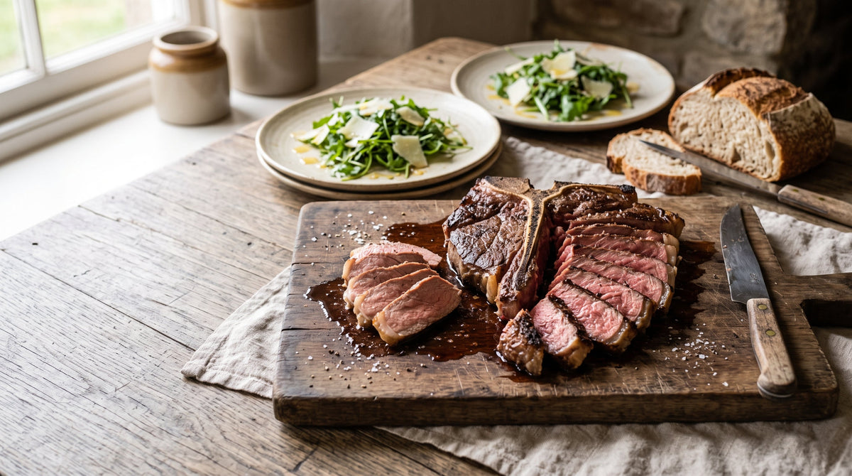 A grass-fed T-bone steak carved into sirloin and fillet slices on a board, ready to share between two plates.