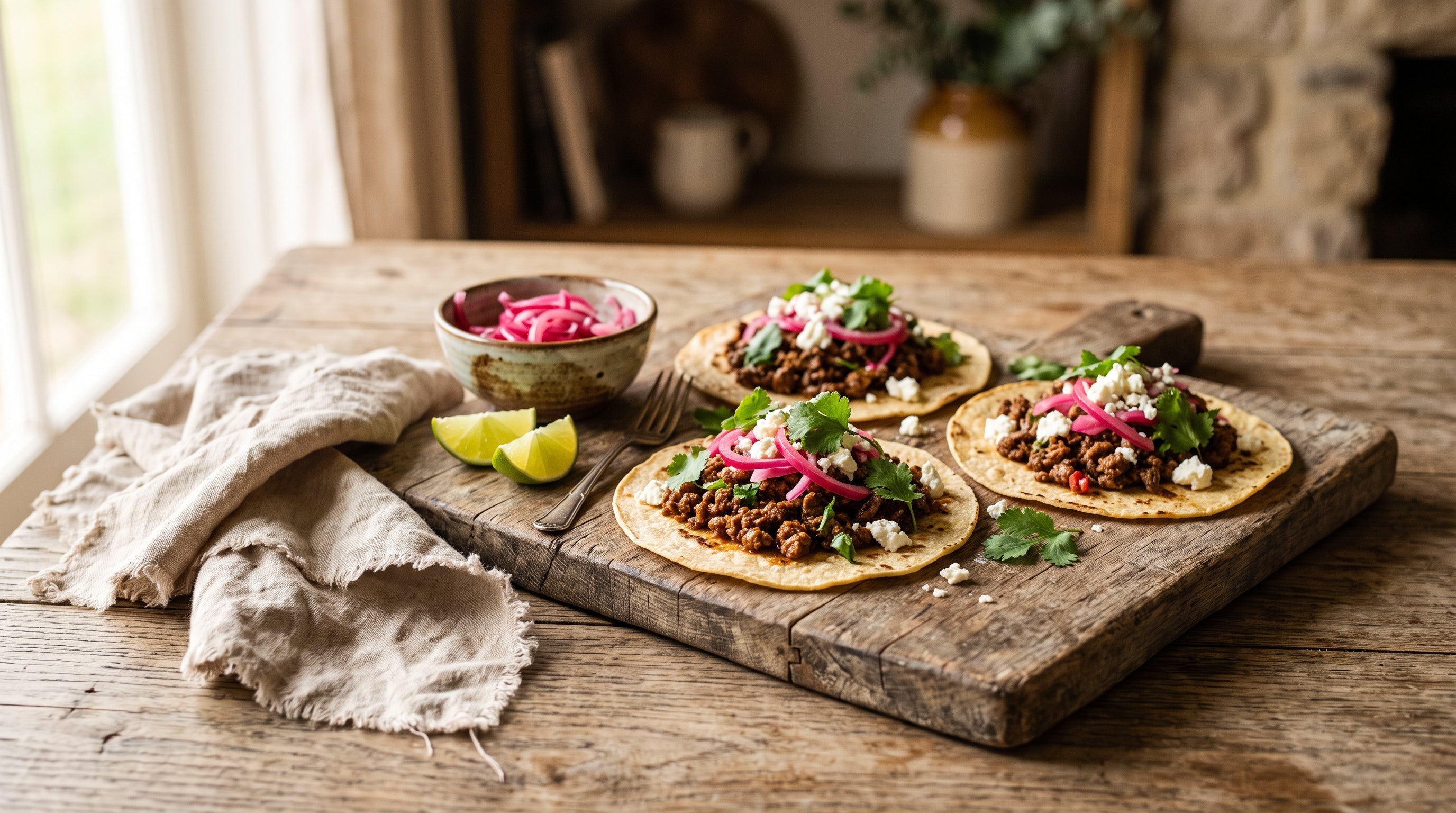 Grass-fed beef mince tacos with pickled red onion and coriander