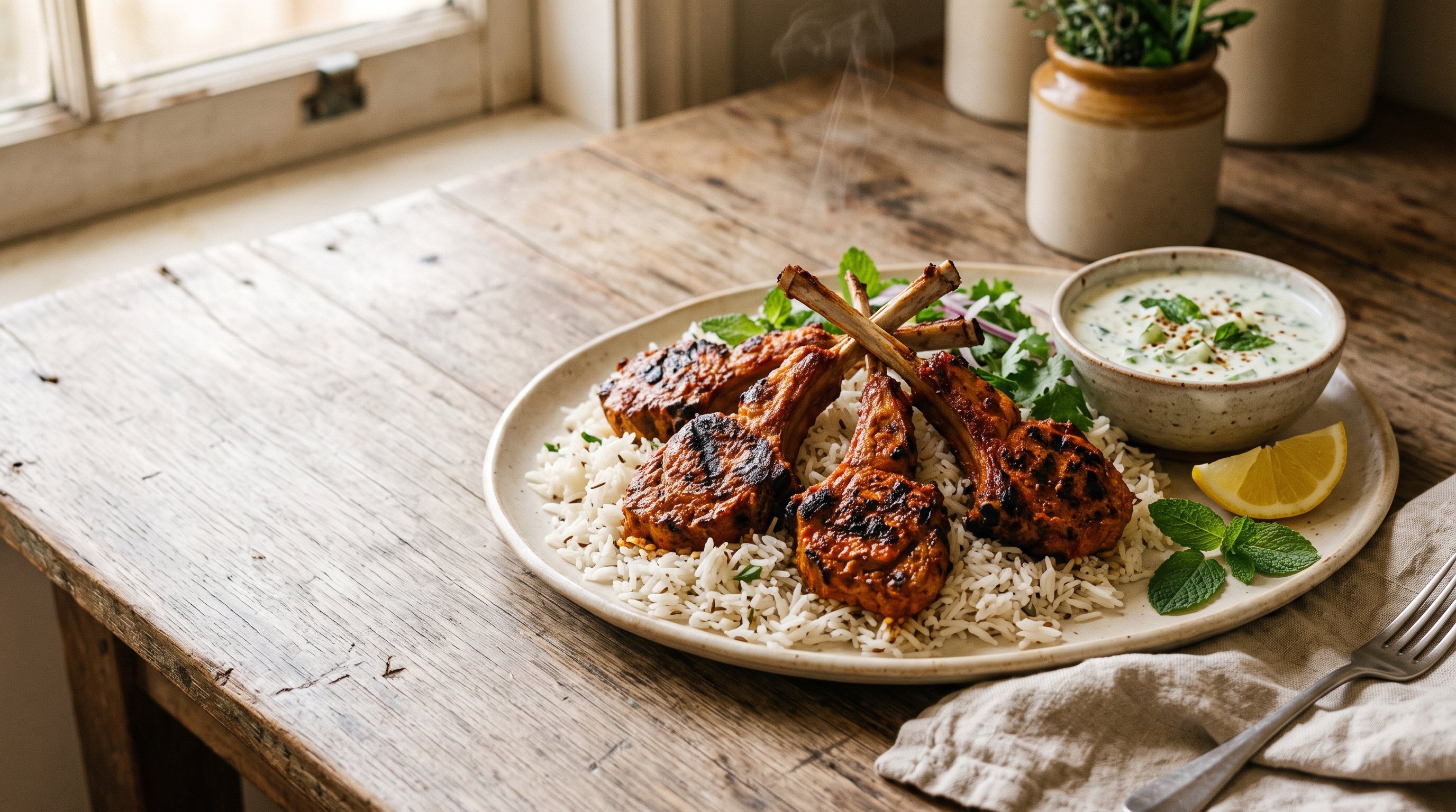 Charred tandoori grass-fed lamb cutlets with cucumber yoghurt, basmati rice and fresh mint.