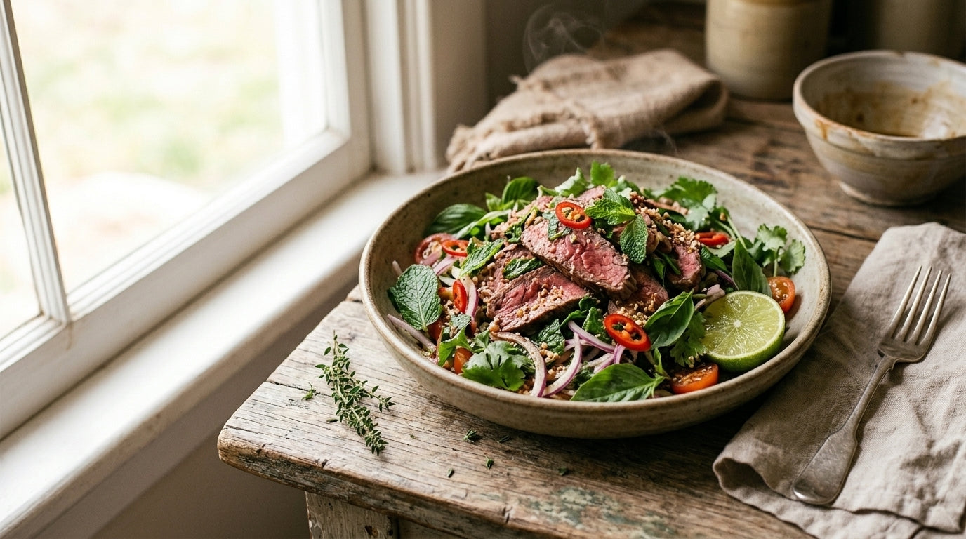 Thai beef salad with seared grass-fed round, fresh herbs and toasted rice in a stoneware bowl