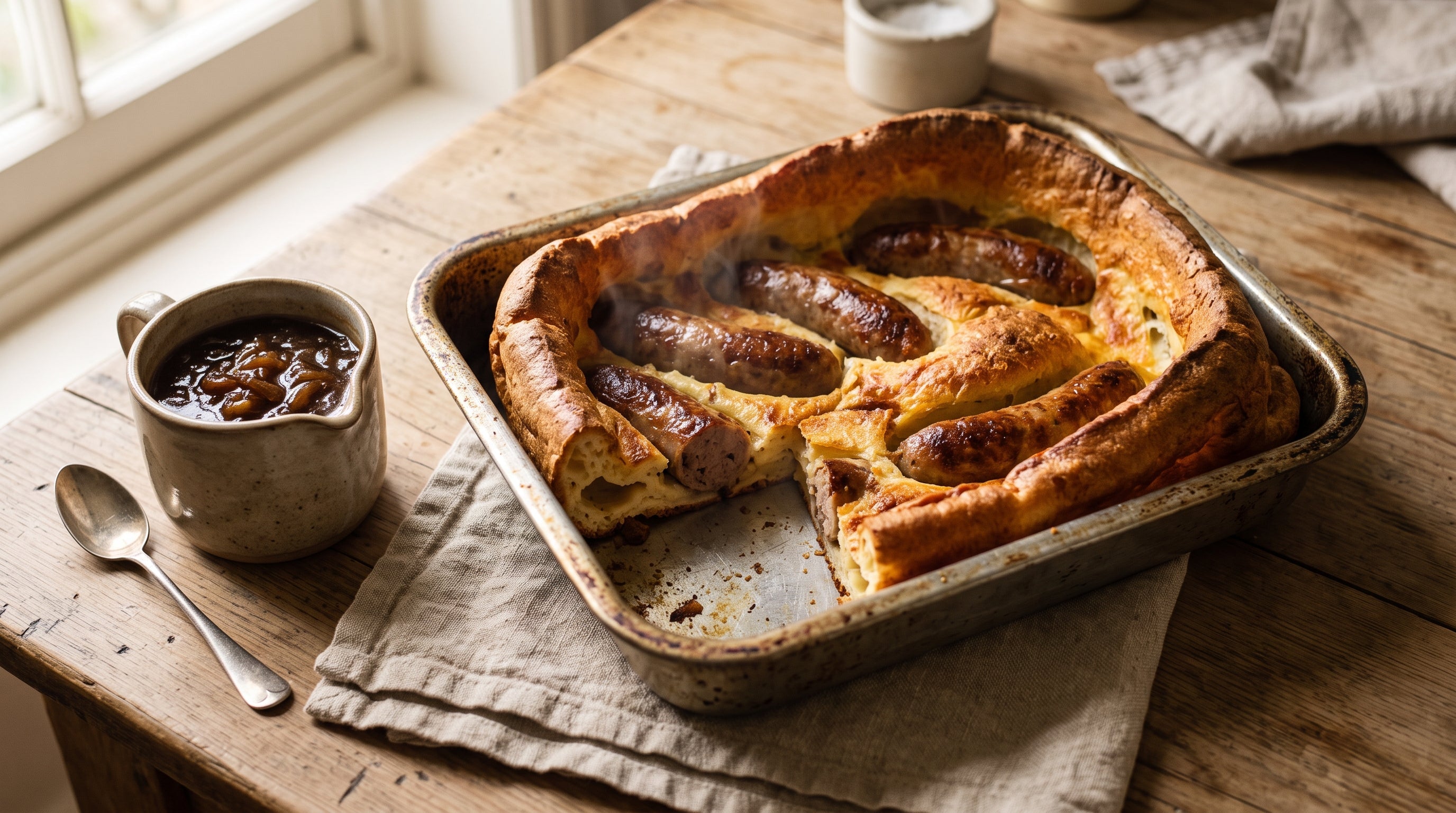 Toad in the hole with grass-fed beef sausages baked into puffed golden Yorkshire pudding batter, served with onion gravy.