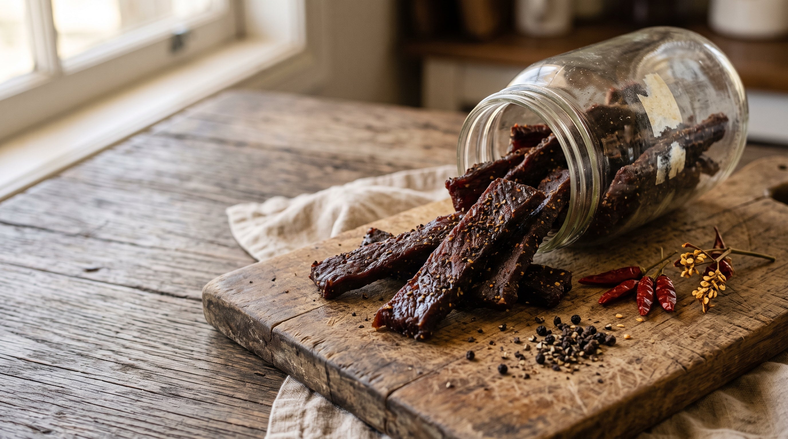 Homemade oven-dried beef jerky strips made from grass-fed topside steak, flecked with cracked pepper and spilling from a glass storage jar.