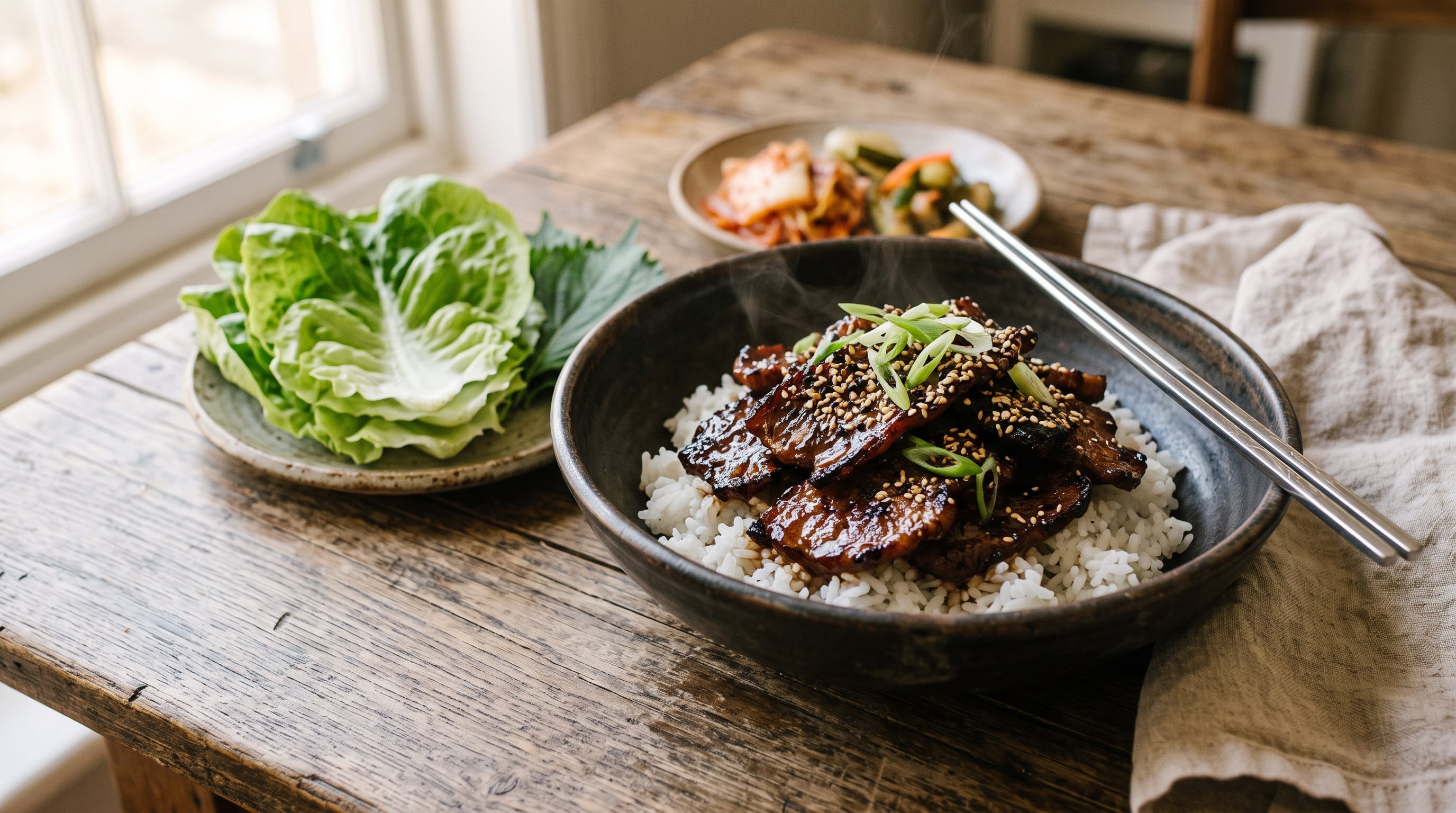 Korean beef bulgogi made with thinly sliced grass-fed topside steak, served over steamed rice with sesame seeds, spring onion and lettuce leaves for wrapping.