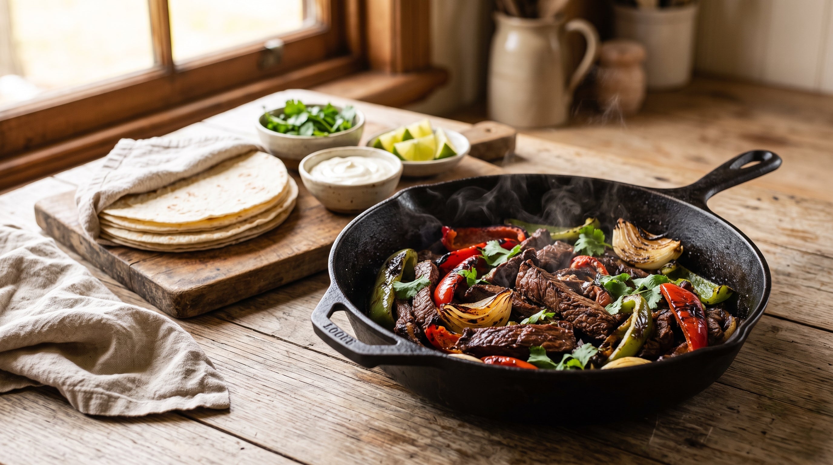 Sizzling beef fajitas made with marinated strips of grass-fed topside steak, charred capsicum and onion in a cast-iron pan beside warm tortillas and lime wedges.
