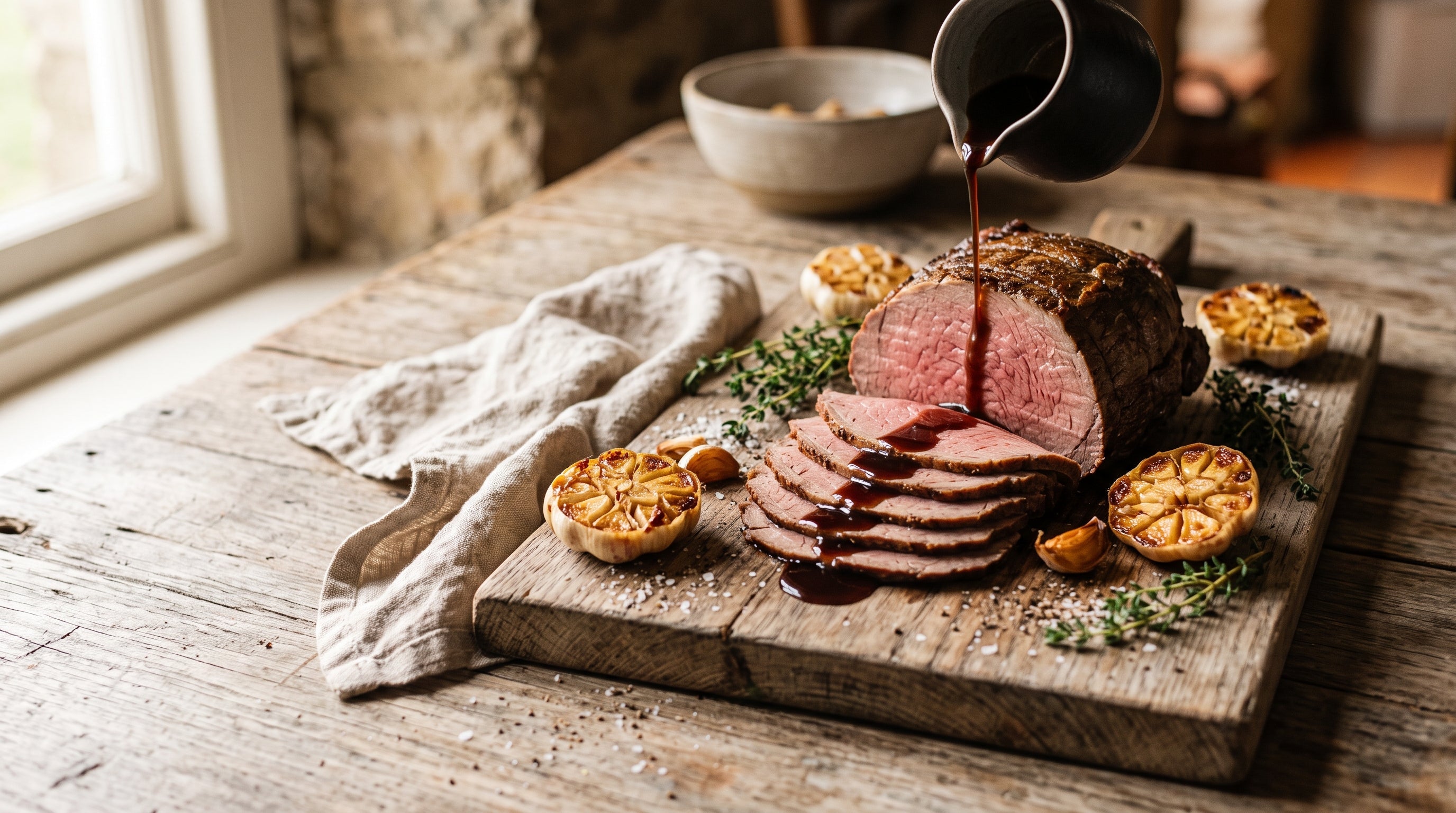 Thinly carved slow-roasted grass-fed topside with jus
