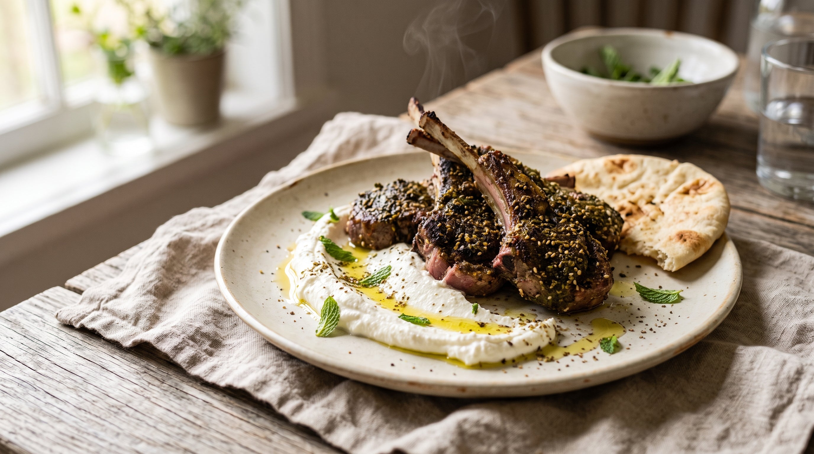 Za'atar-crusted grass-fed lamb cutlets over a swirl of whipped feta with mint and olive oil.