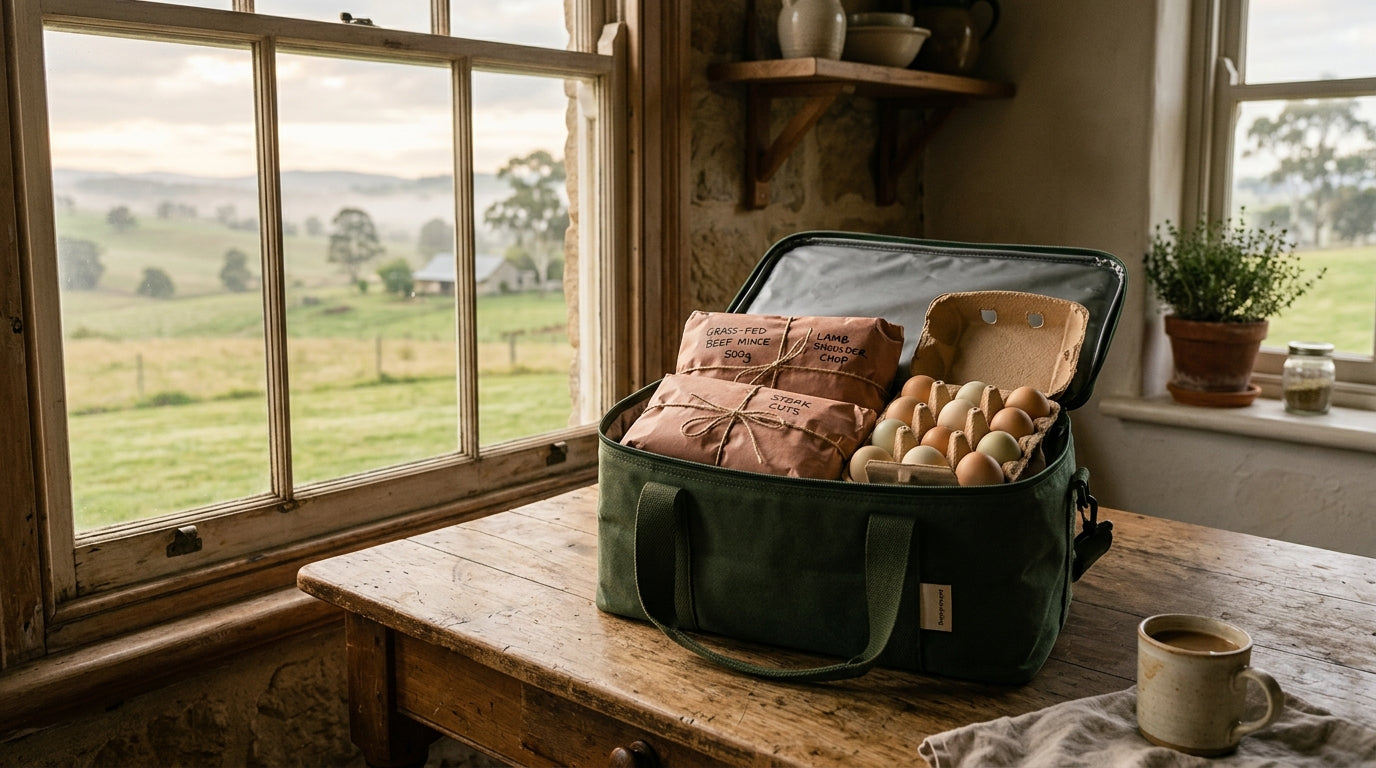 A reusable green esky open on a kitchen table by a window, holding butcher-paper-wrapped grass-fed beef and lamb and a tray of pasture eggs, with the misty green hills of the Southern Highlands NSW beyond