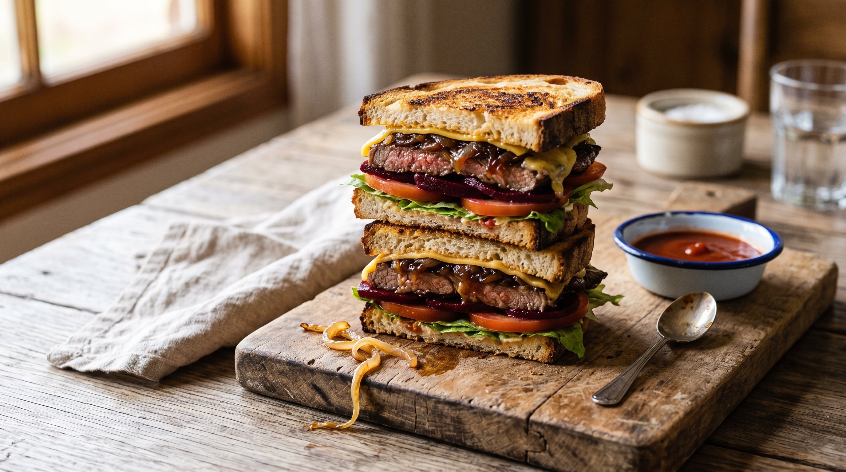 Classic Aussie steak sandwich made with tenderised grass-fed topside minute steak, caramelised onion, beetroot, tomato and lettuce on toasted sourdough.