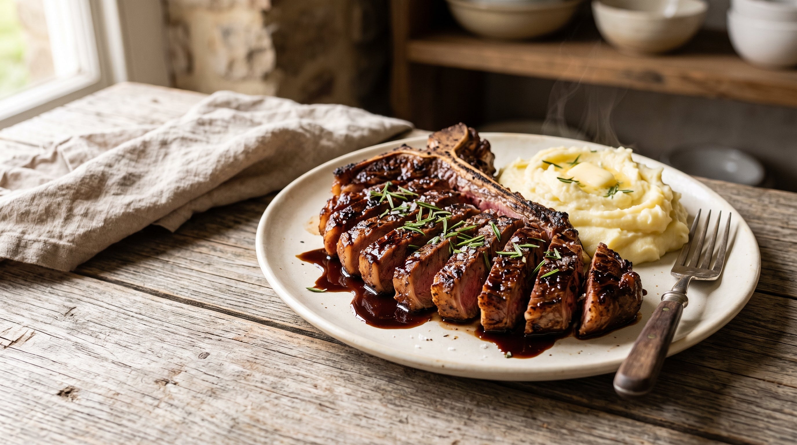 Balsamic-marinated grass-fed T-bone steak, grilled dark and glossy, sliced over mash with a rosemary drizzle.