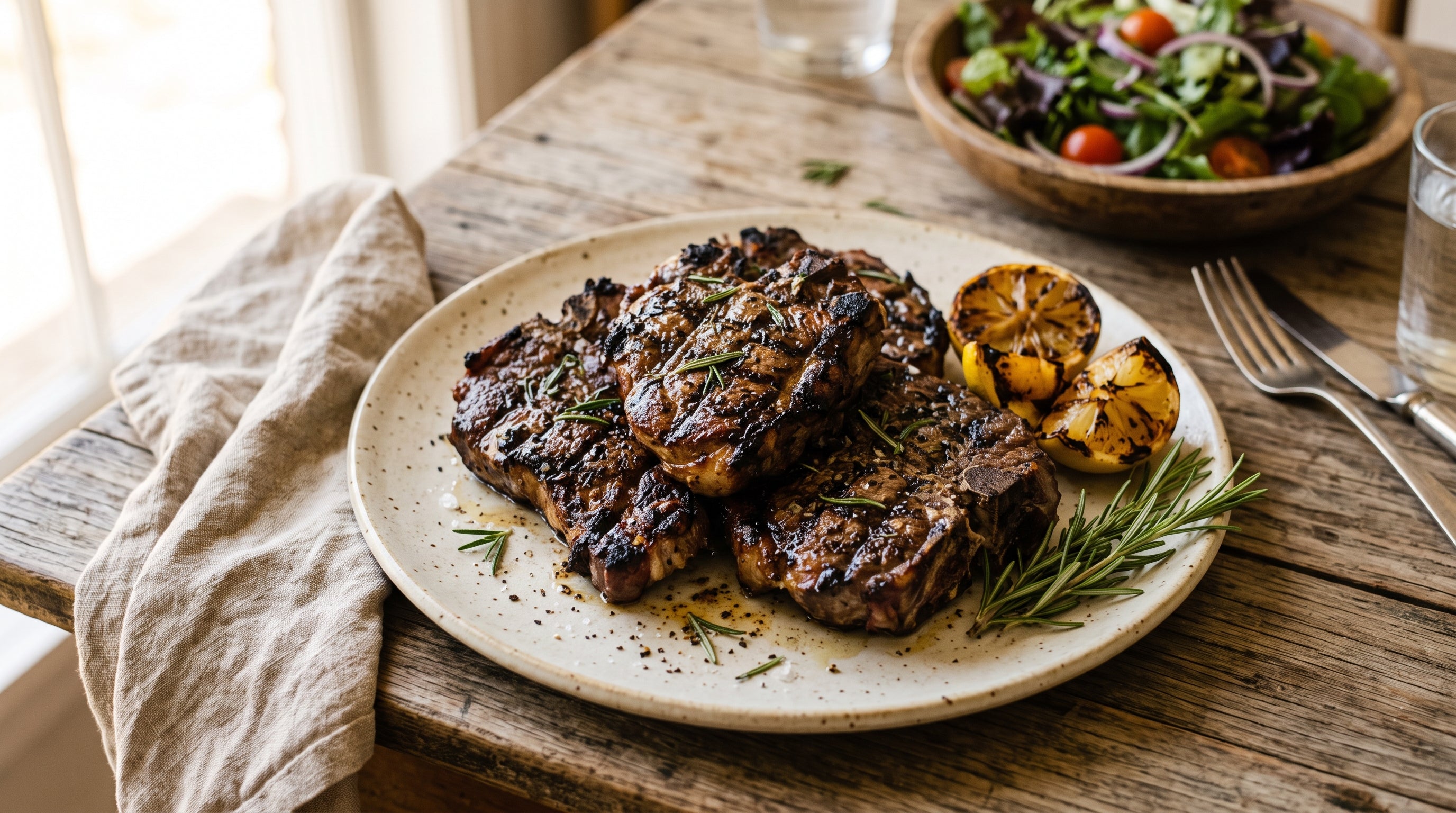 Barbecued marinated lamb forequarter chops with charred edges and lemon wedges on a stoneware platter.