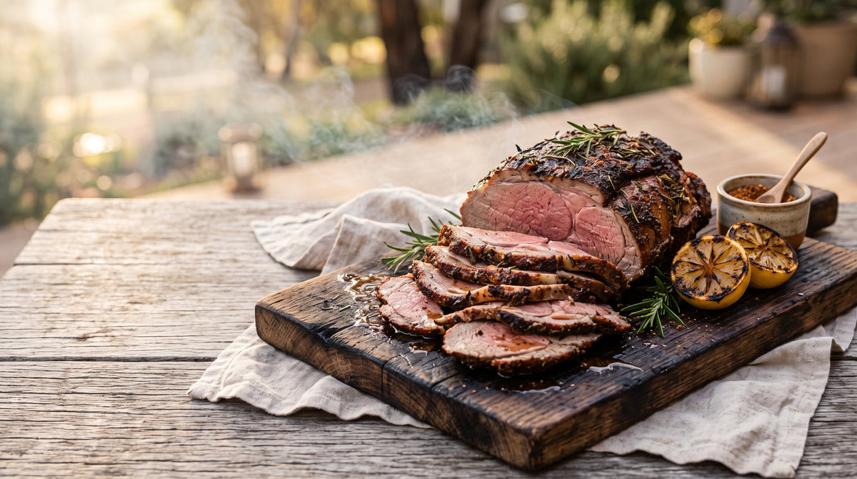 Hooded-barbecue grass-fed lamb roast with a smoky spice bark, carved to show a pink medium centre.