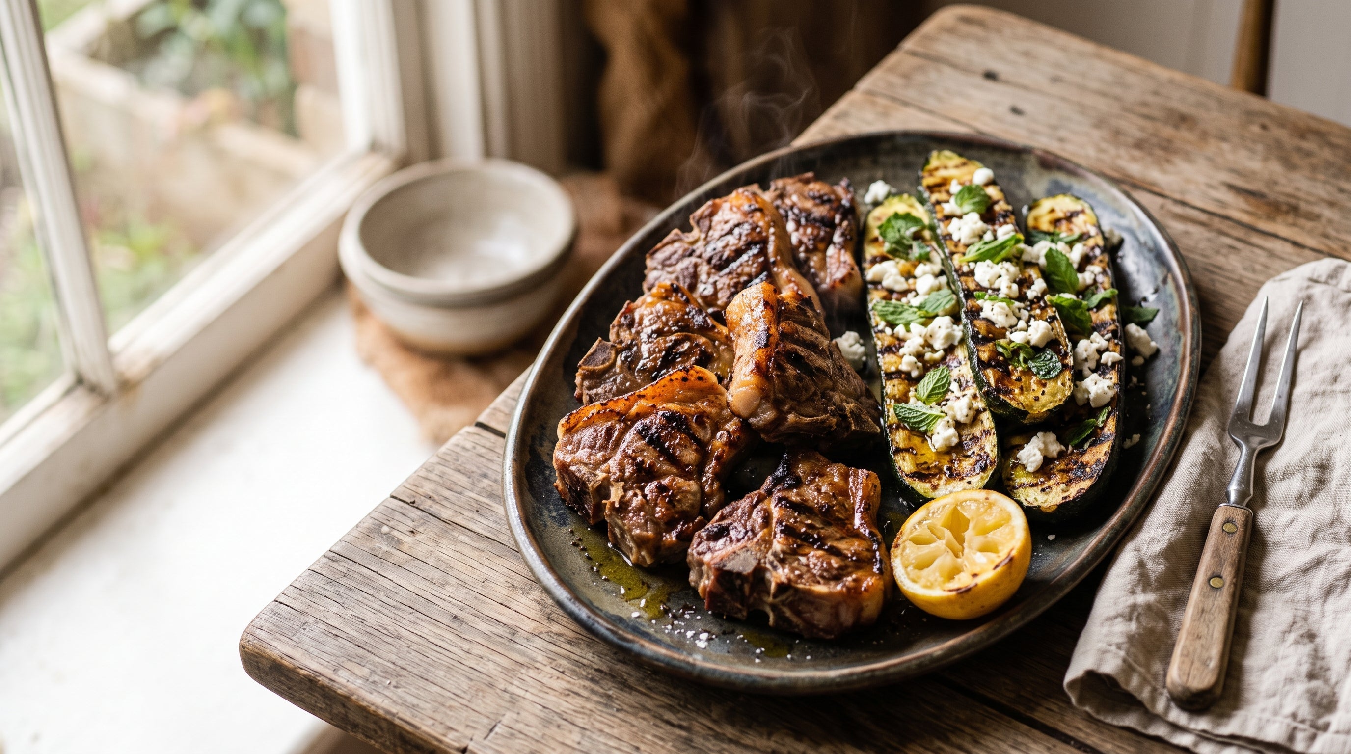 Barbecued grass-fed lamb loin chops on a platter with charred zucchini, crumbled feta and torn mint.