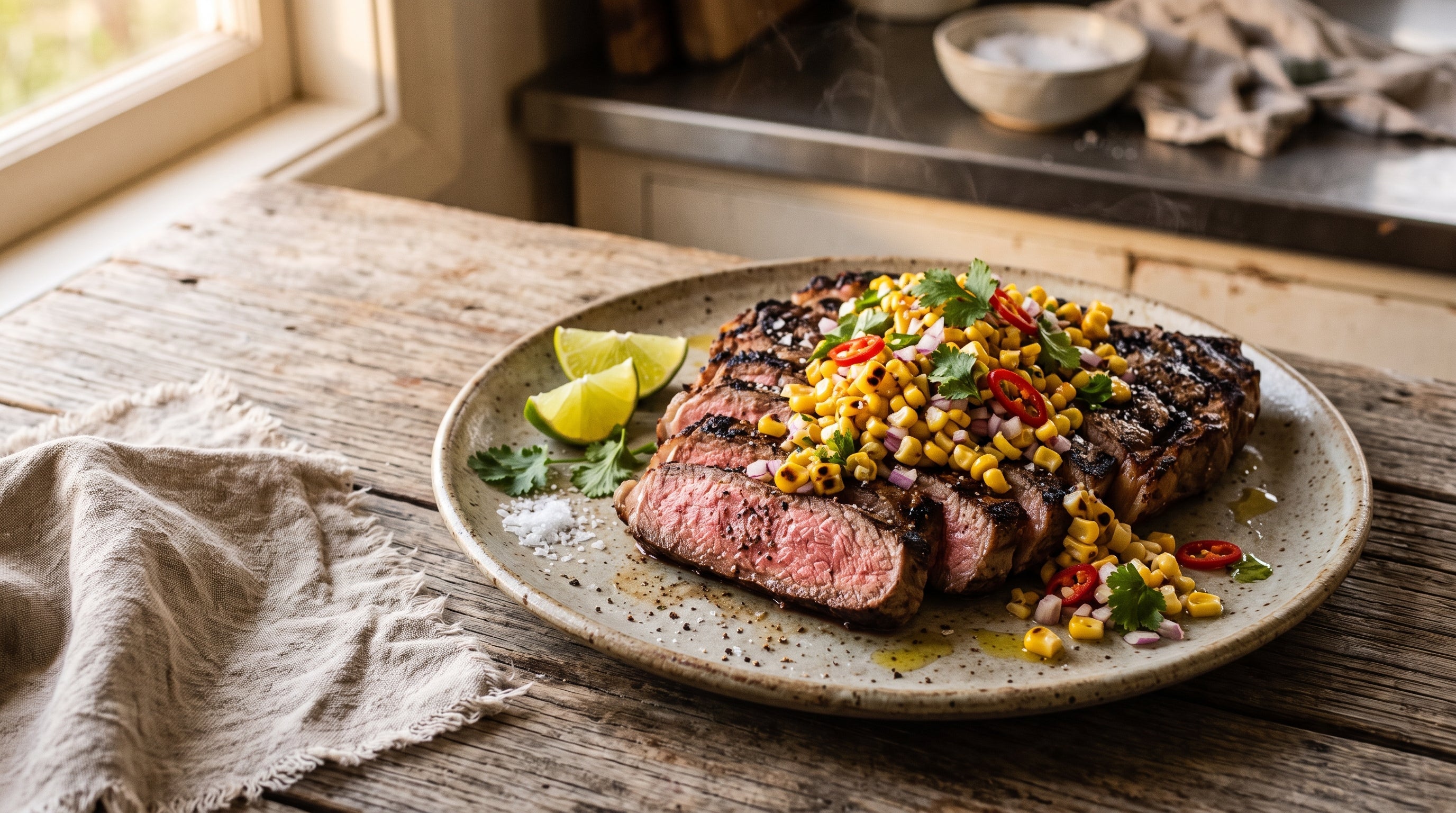 Sliced barbecued grass-fed rump steak topped with charred corn salsa and coriander on a stoneware platter.