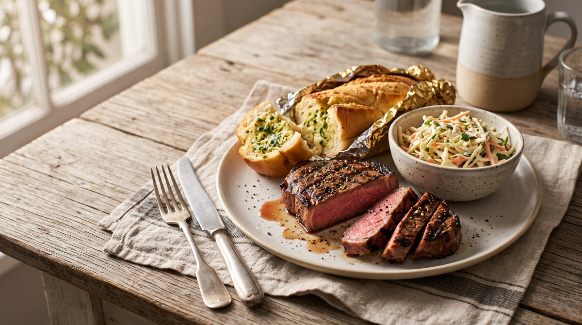 Weeknight grass-fed BBQ steak sliced and served with cheat's garlic bread and creamy slaw.