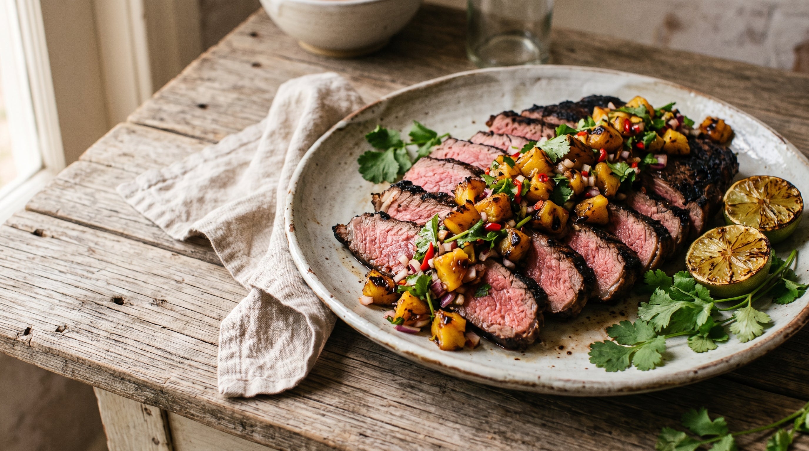 Barbecued grass-fed BBQ steak sliced and topped with charred pineapple salsa on a serving platter.
