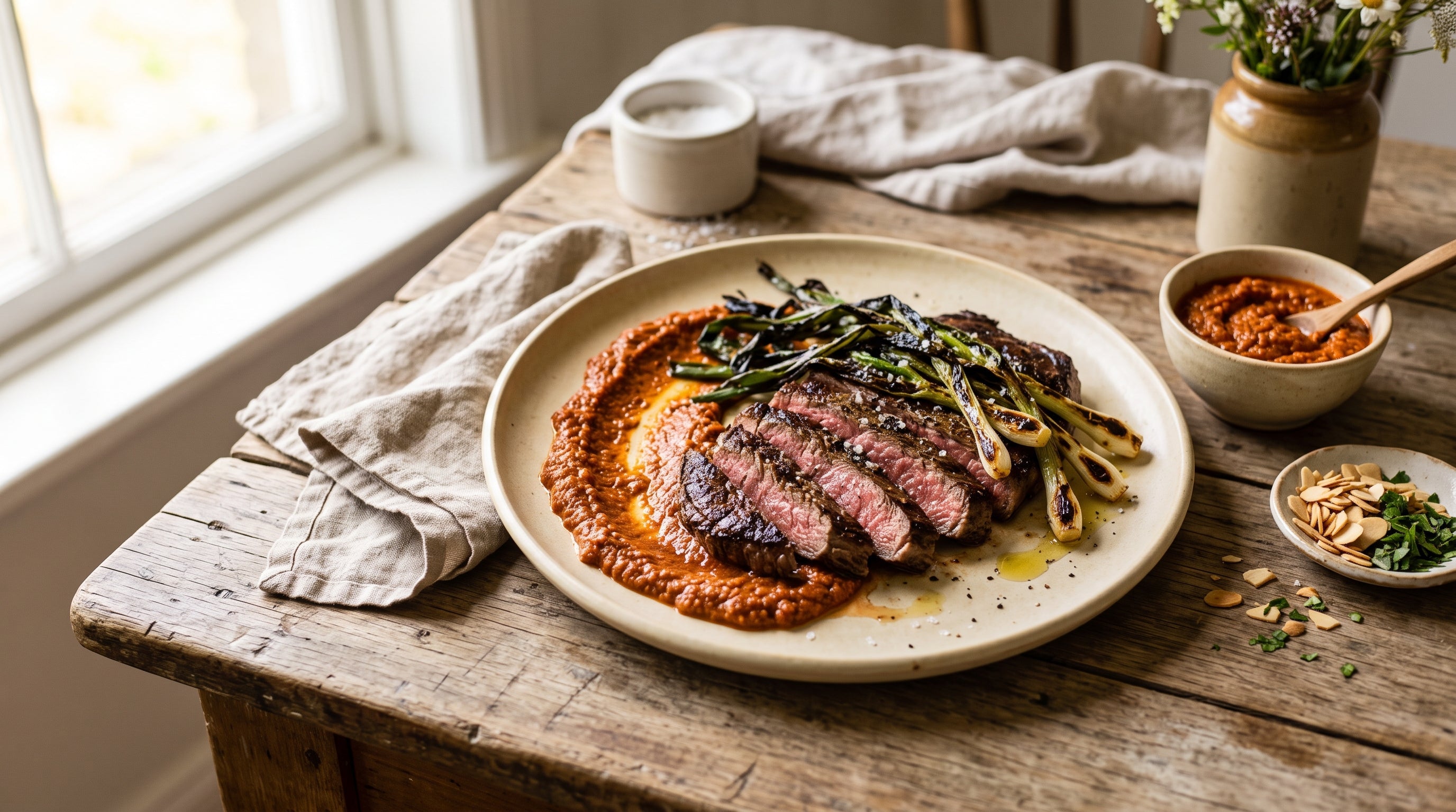 Grill-pan grass-fed BBQ steak sliced over romesco sauce with charred spring onions on a stoneware platter.